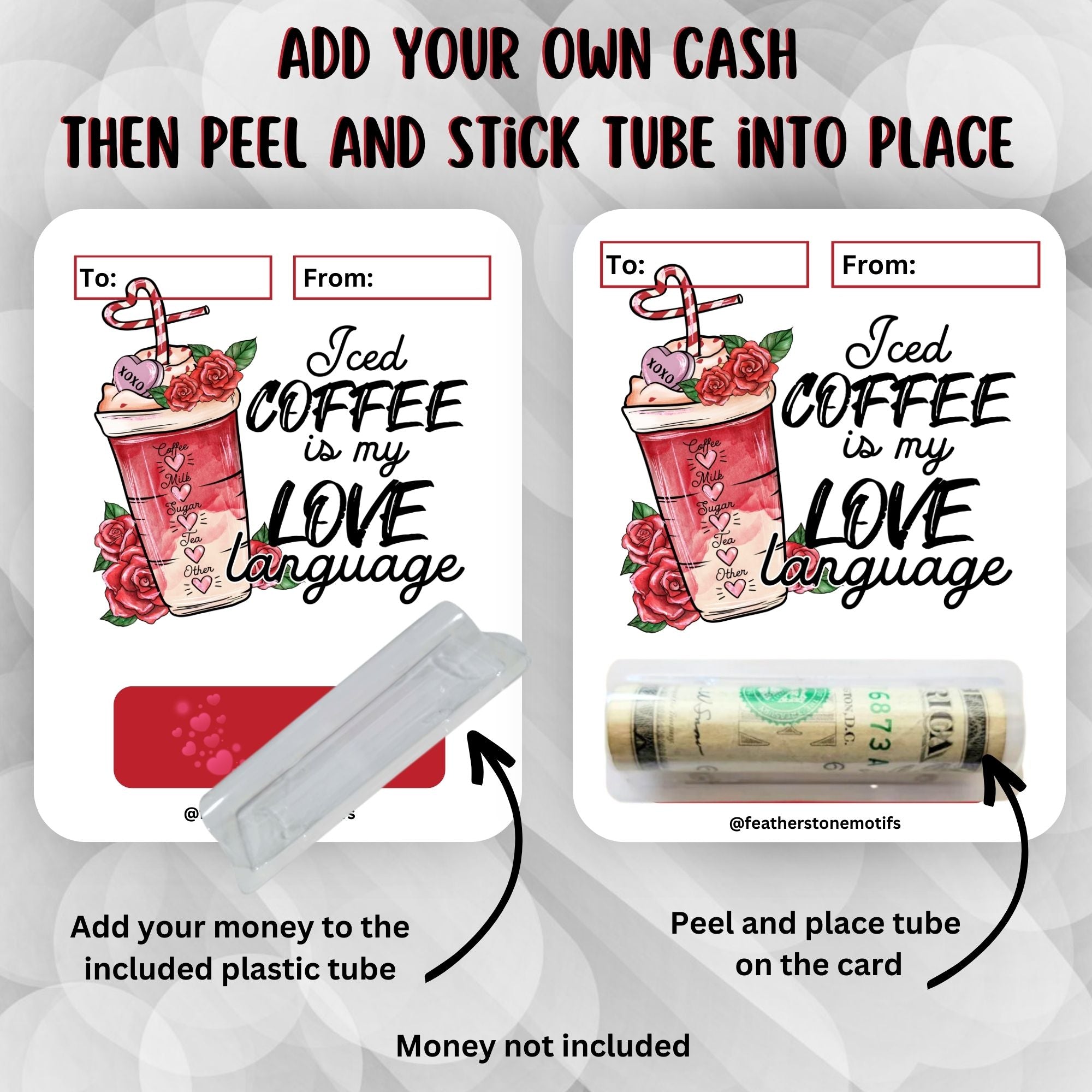 This image shows how to attach the money tube to the Iced Coffee Valentine Money Card.