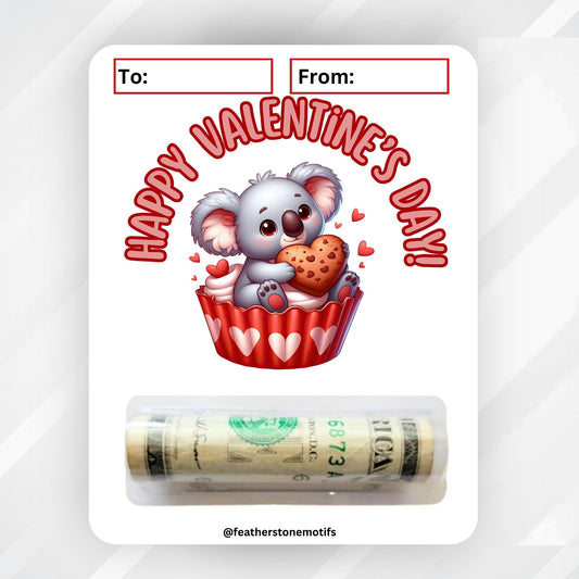 This image shows the money tube attached to the Koala Valentine Money Card.