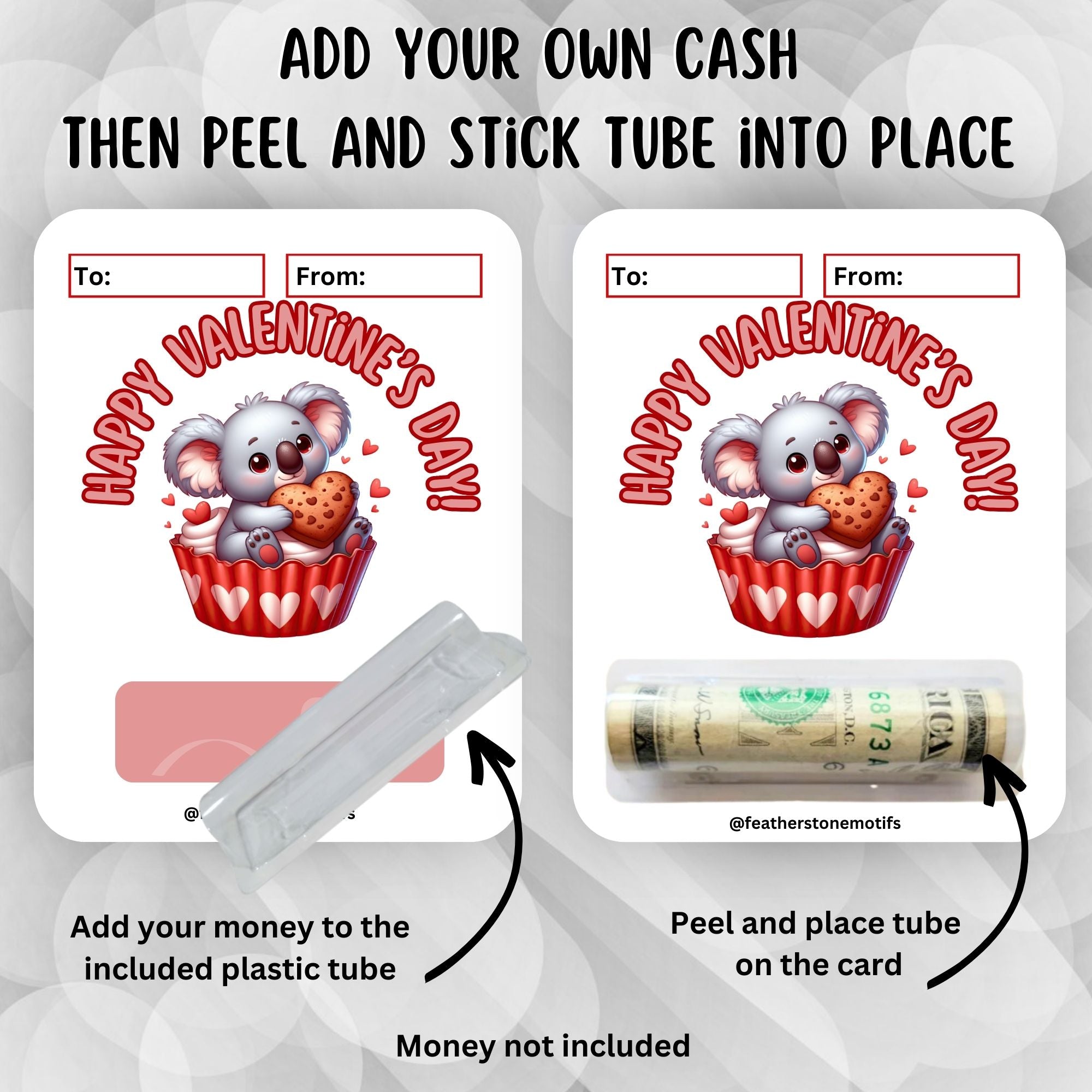 This image shows how to attach the money tube to the Koala Valentine Money Card.