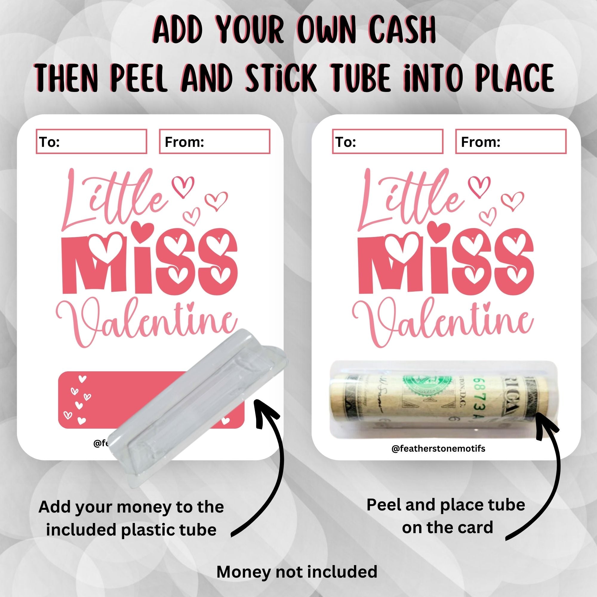 This image shows how to attach the money tube to the Little Miss Valentine Money Card.