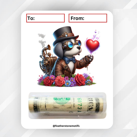 This image shows the money tube attached to the Steampunk Dog Valentine Money Card.