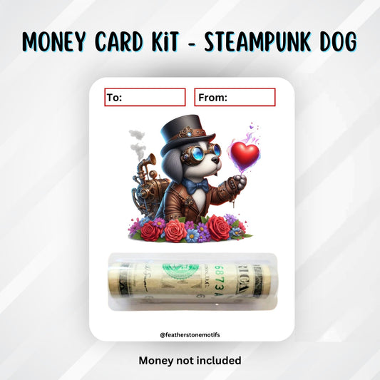 This image shows the money tube attached to the Steampunk Dog Valentine Money Card.