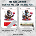 Load image into Gallery viewer, This image shows how to attach the money tube to the Steampunk Dog Valentine Money Card.
