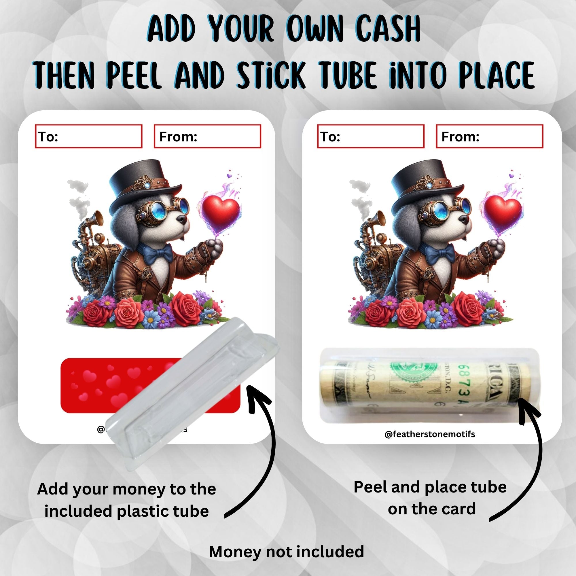 This image shows how to attach the money tube to the Steampunk Dog Valentine Money Card.