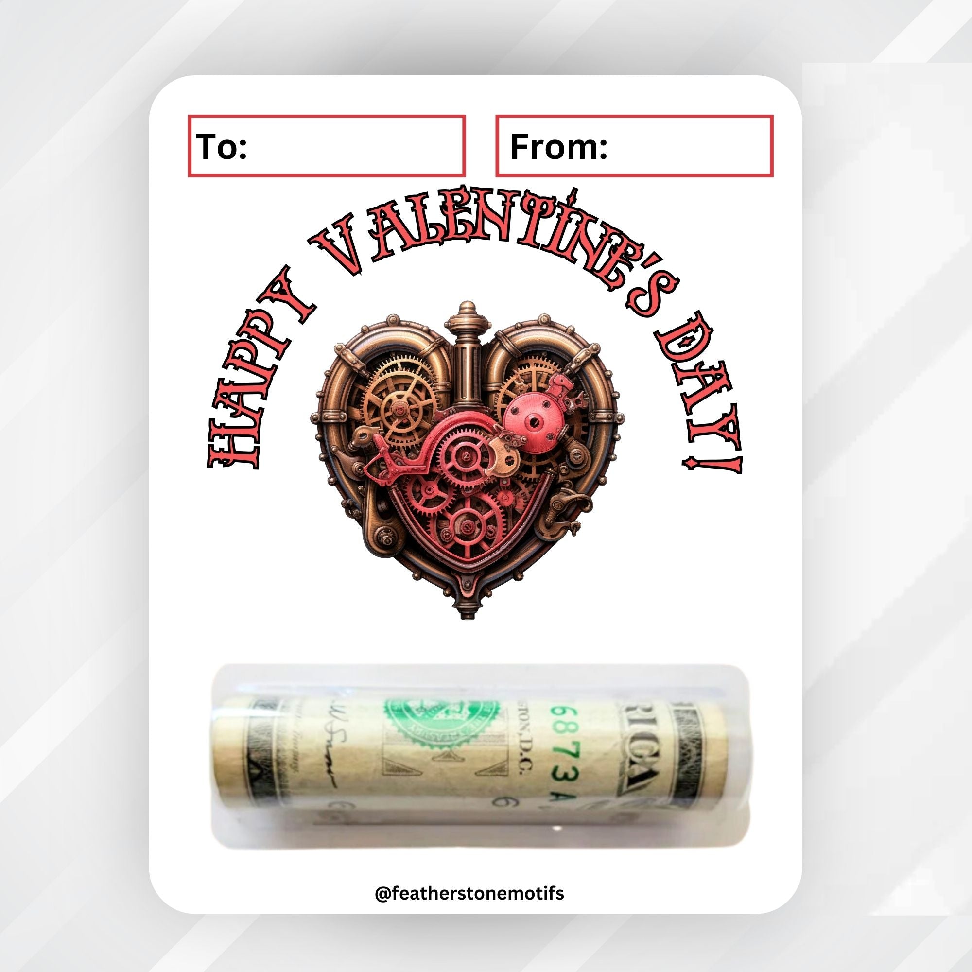 This image shows the money tube attached to the Steampunk Heart Valentine Money Card.