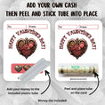 Load image into Gallery viewer, This image shows how to attach the money tube to the Steampunk Heart Valentine Money Card.
