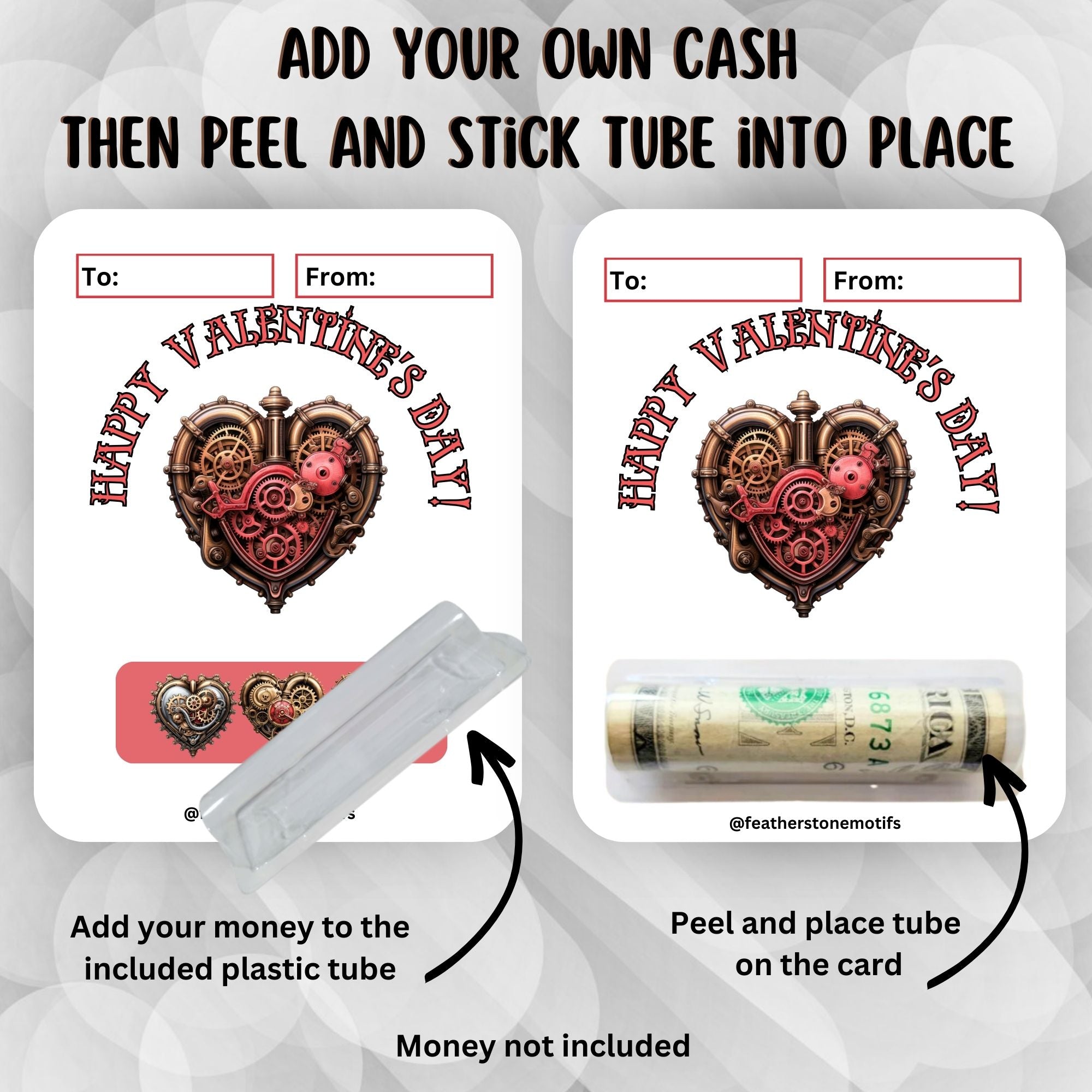 This image shows how to attach the money tube to the Steampunk Heart Valentine Money Card.