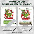 Load image into Gallery viewer, This image shows how to attach the money tube to the T-Rex Valentine Money Card.
