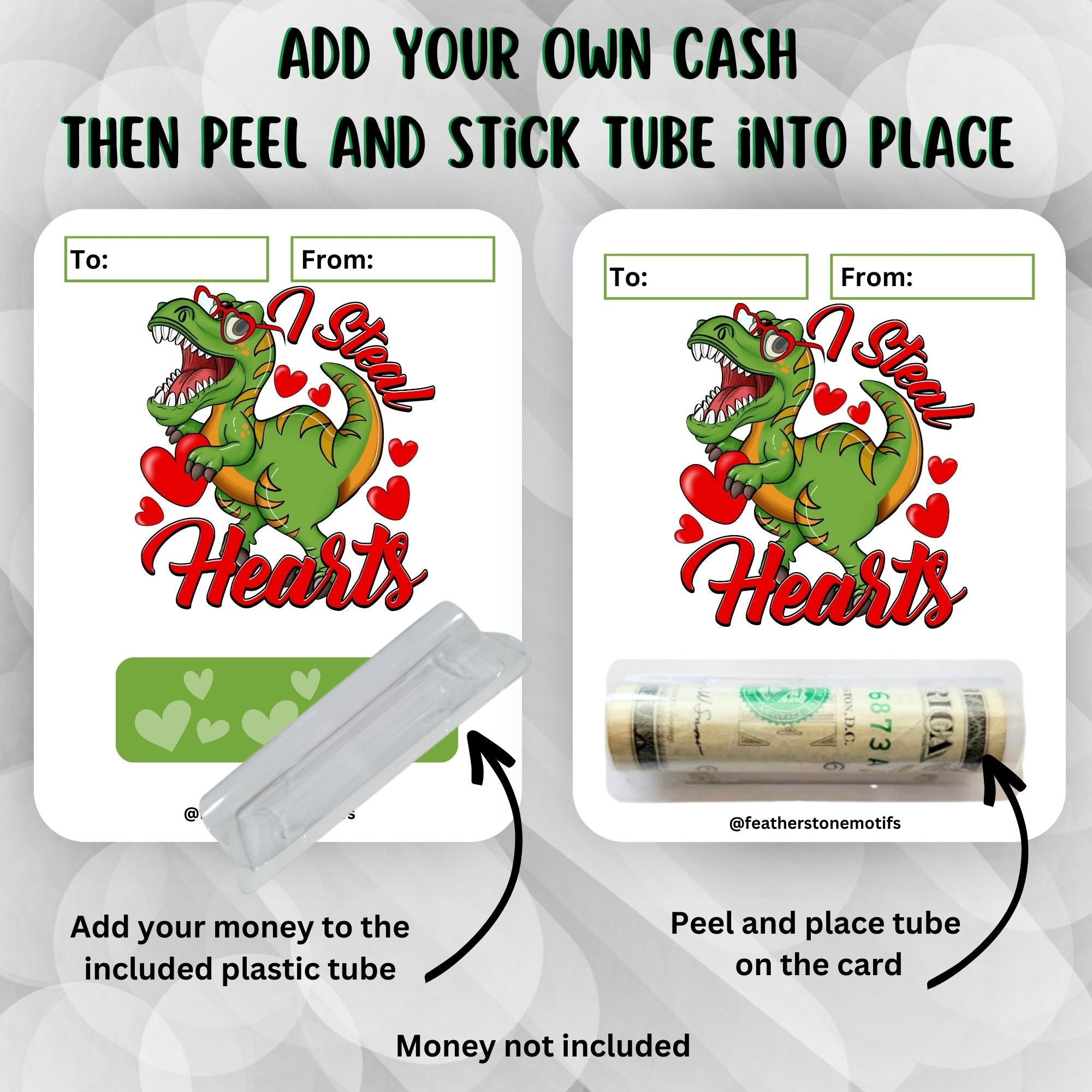 This image shows how to attach the money tube to the T-Rex Valentine Money Card.