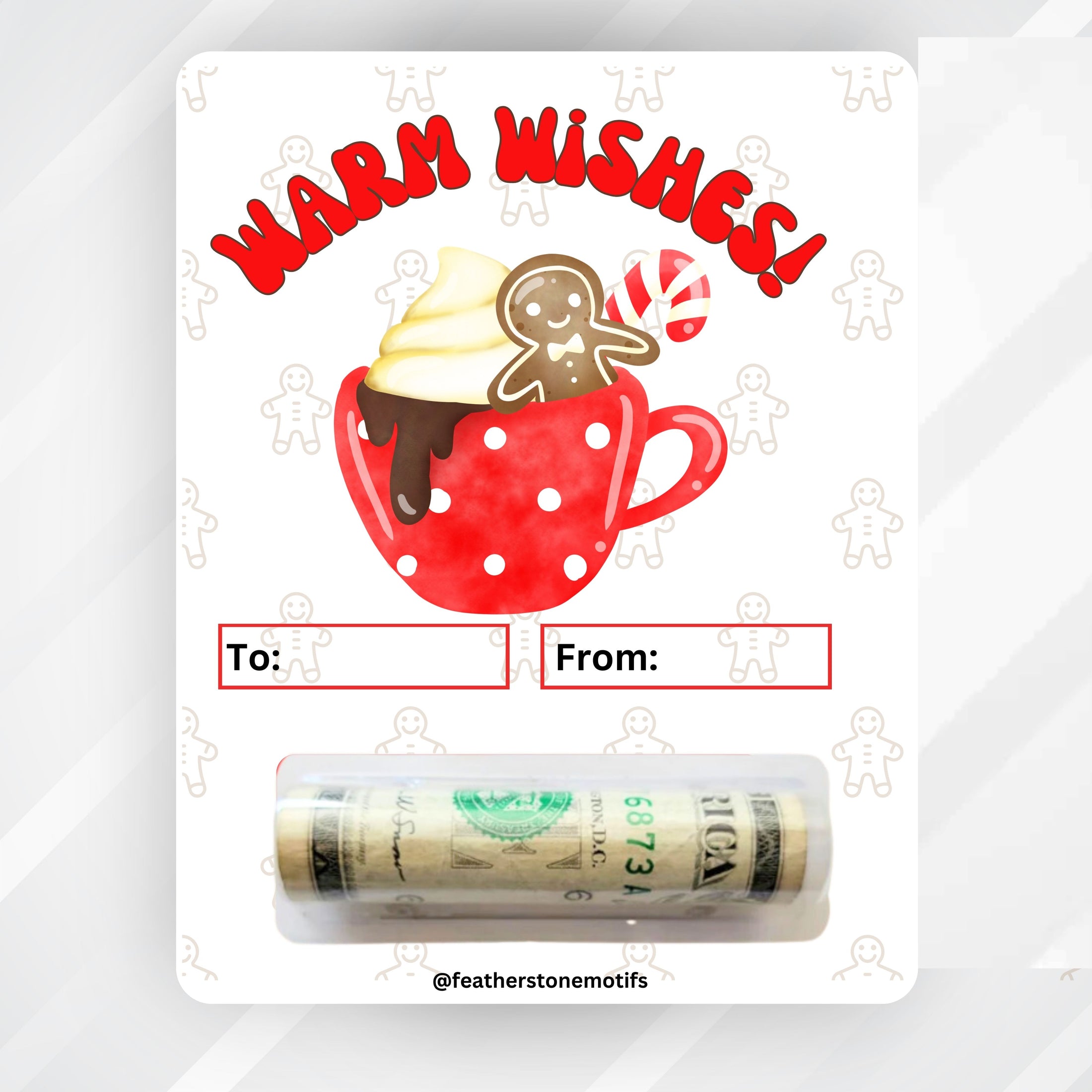 This image shows the money tube attached to the Warm Wishes money card.