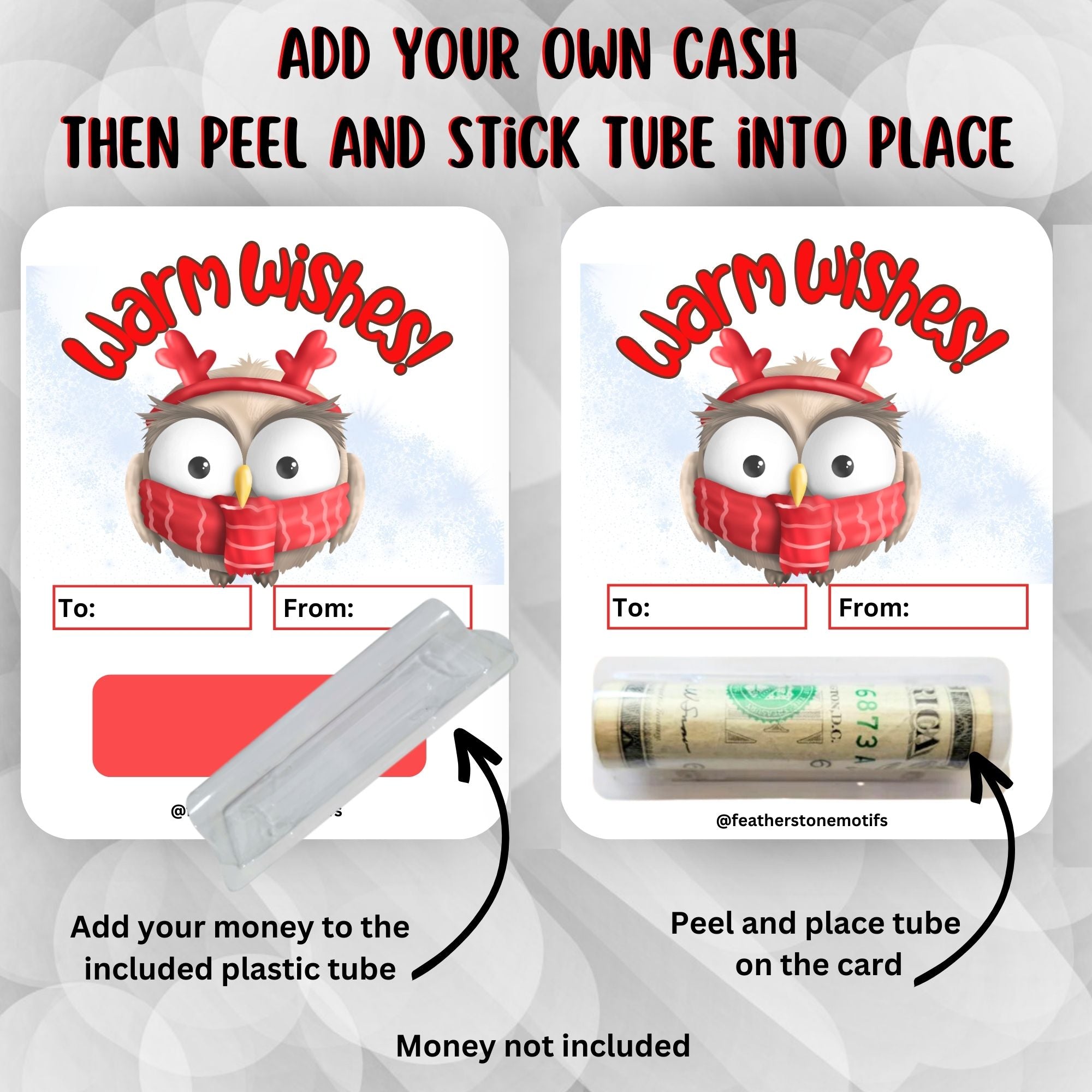 This image shows how to attach the money tube to the Warm Wishes Owl Money Card.