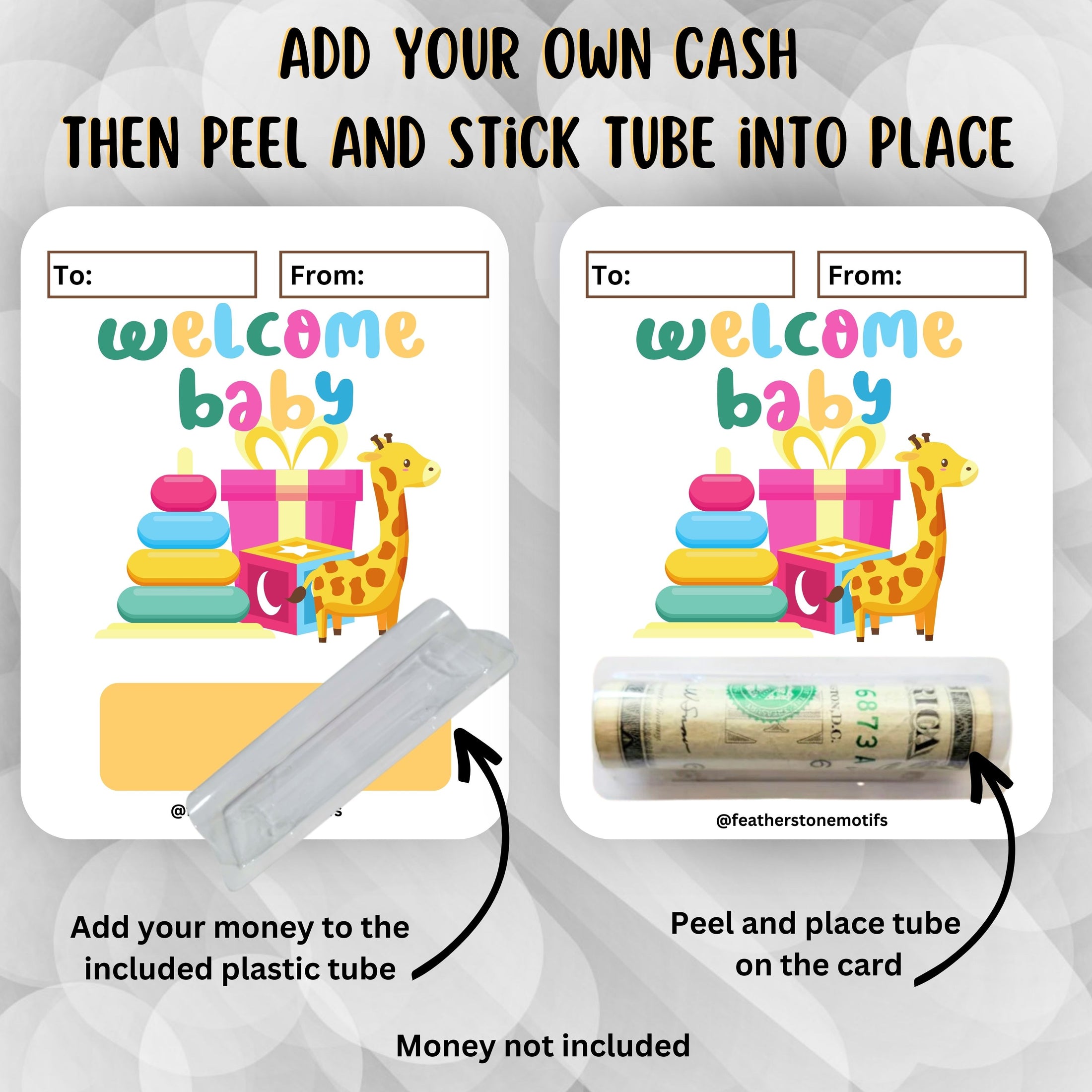 This image shows how to attach the money tube to the Welcome Baby Money Card.