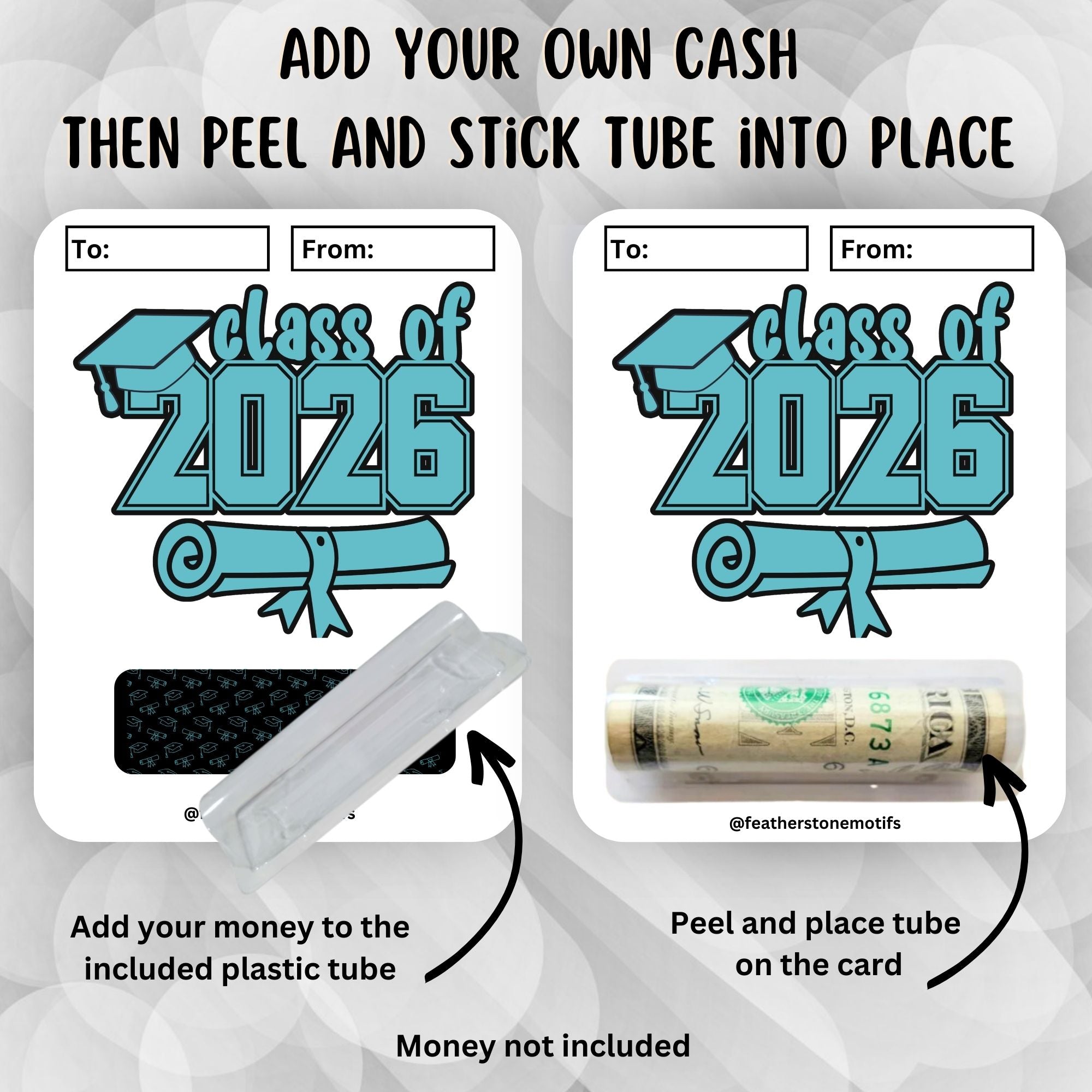 This image shows how to attach the money tube to the Class of 2026 Graduation Money Card Kit.
