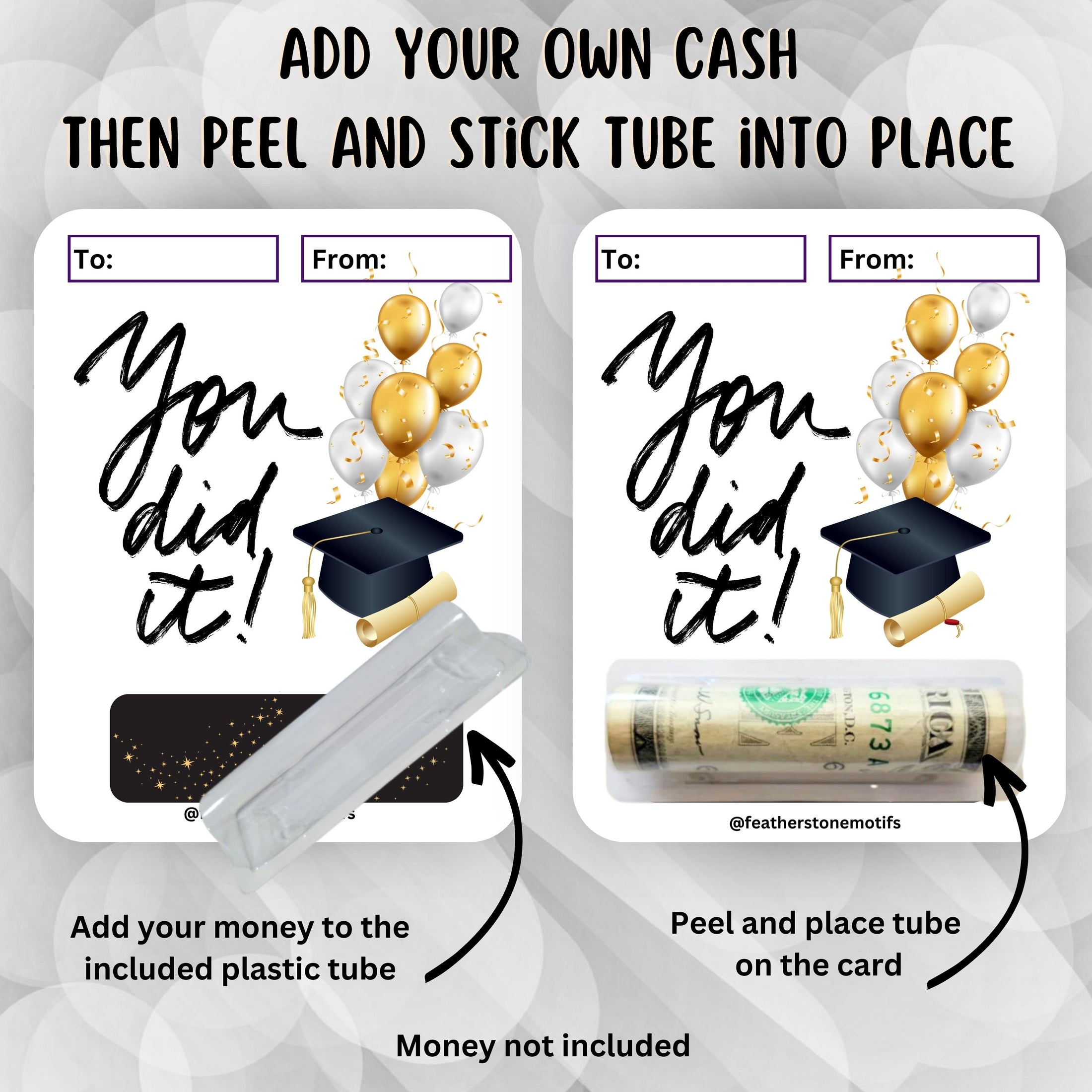 This image shows how to attach the money tube to the You Did It! Money Card.