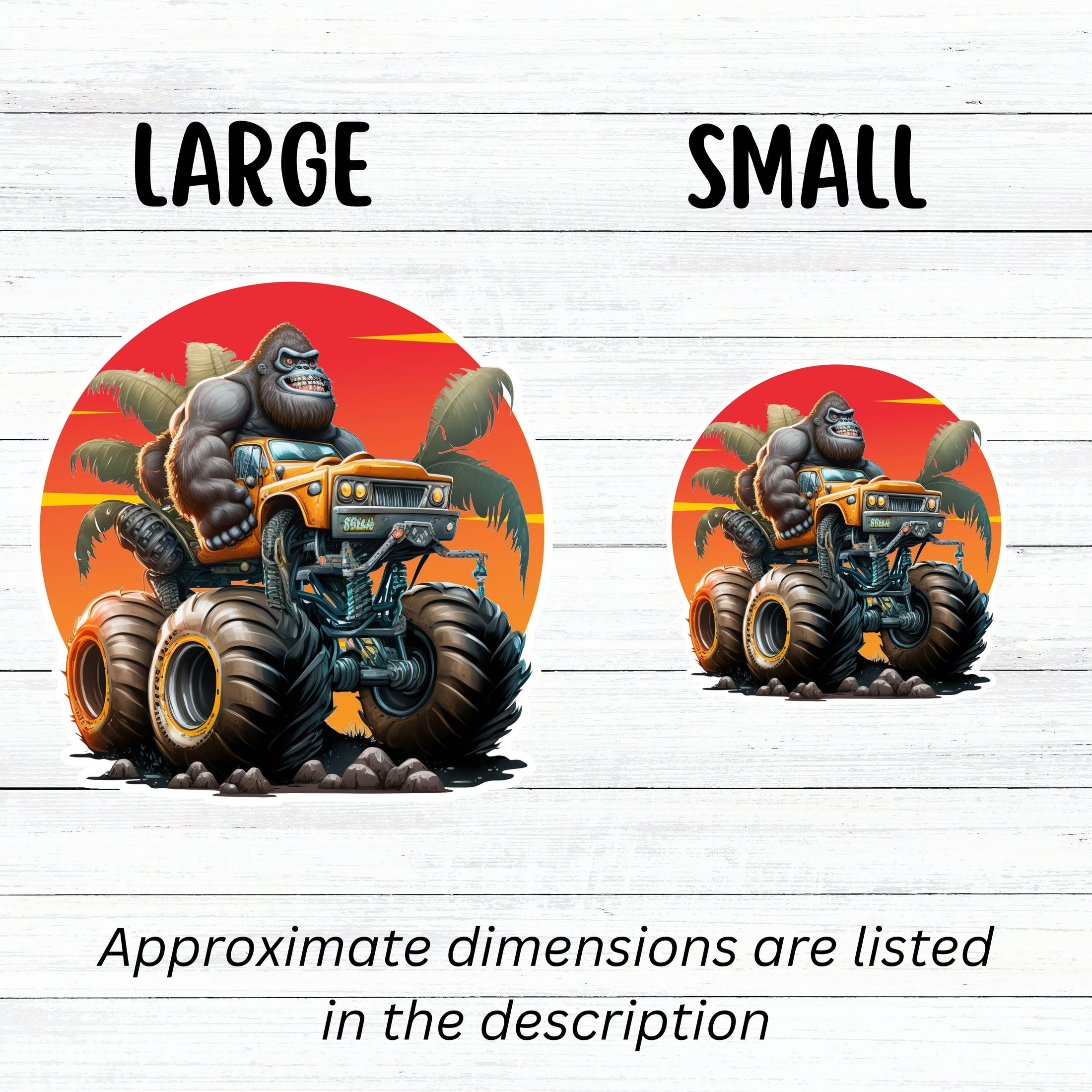 This image shows large and small gorilla monster truck stickers next to each other.
