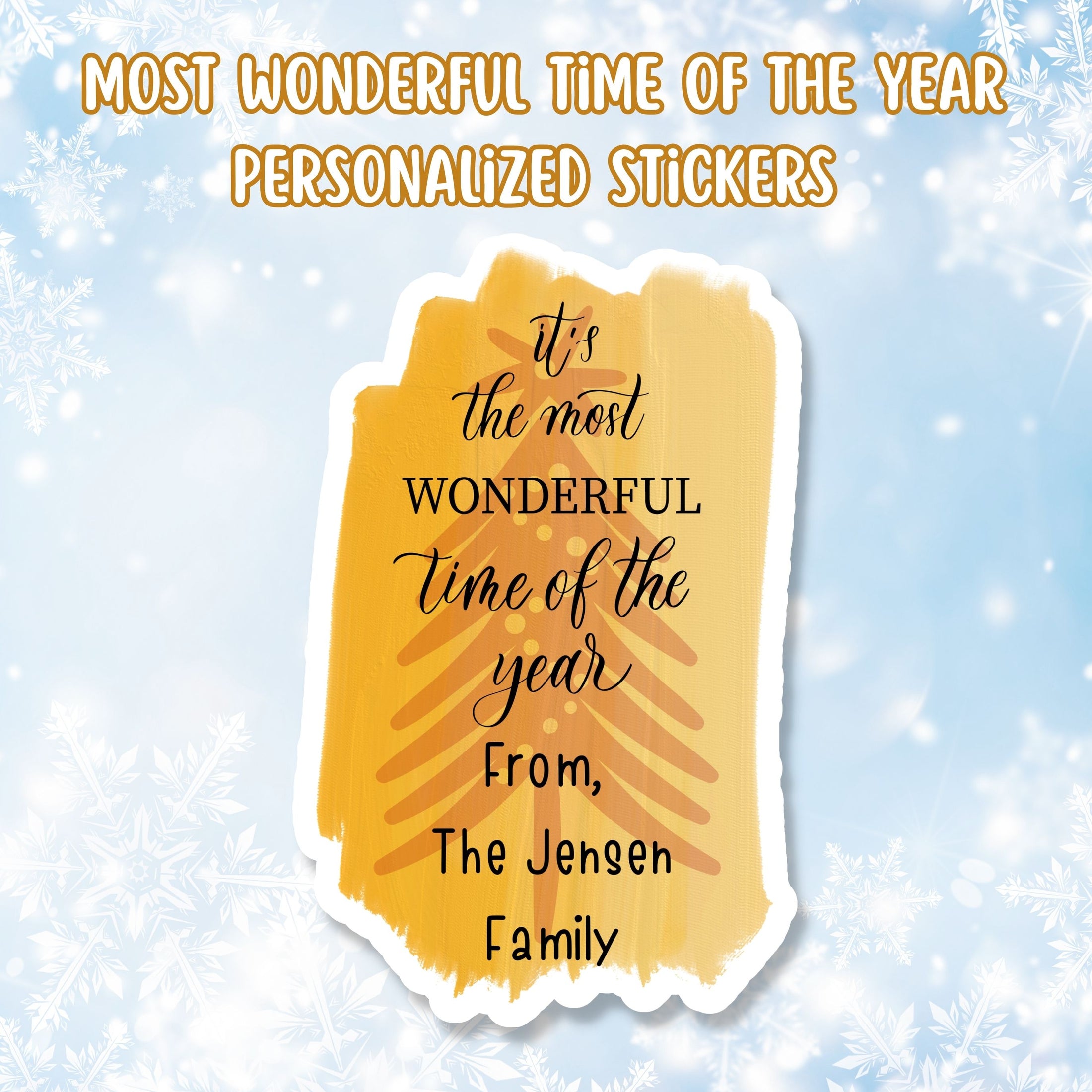 This cover page shows the personalized holiday sticker on a snowflake background.