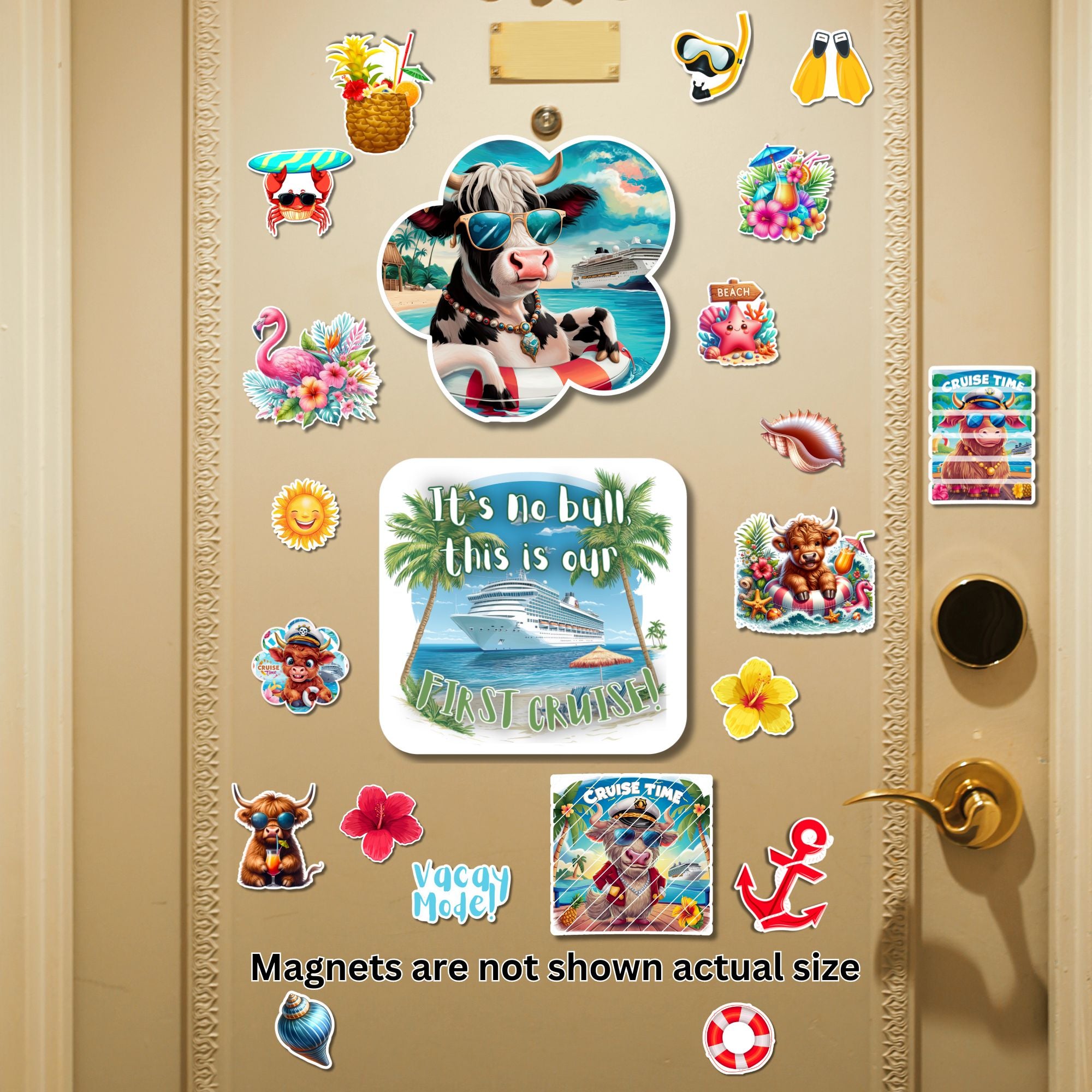 This image shows the full 22 No Bull Cruise Magnet set on a cabin door with the "It's no bull, this is our first cruise!" option.