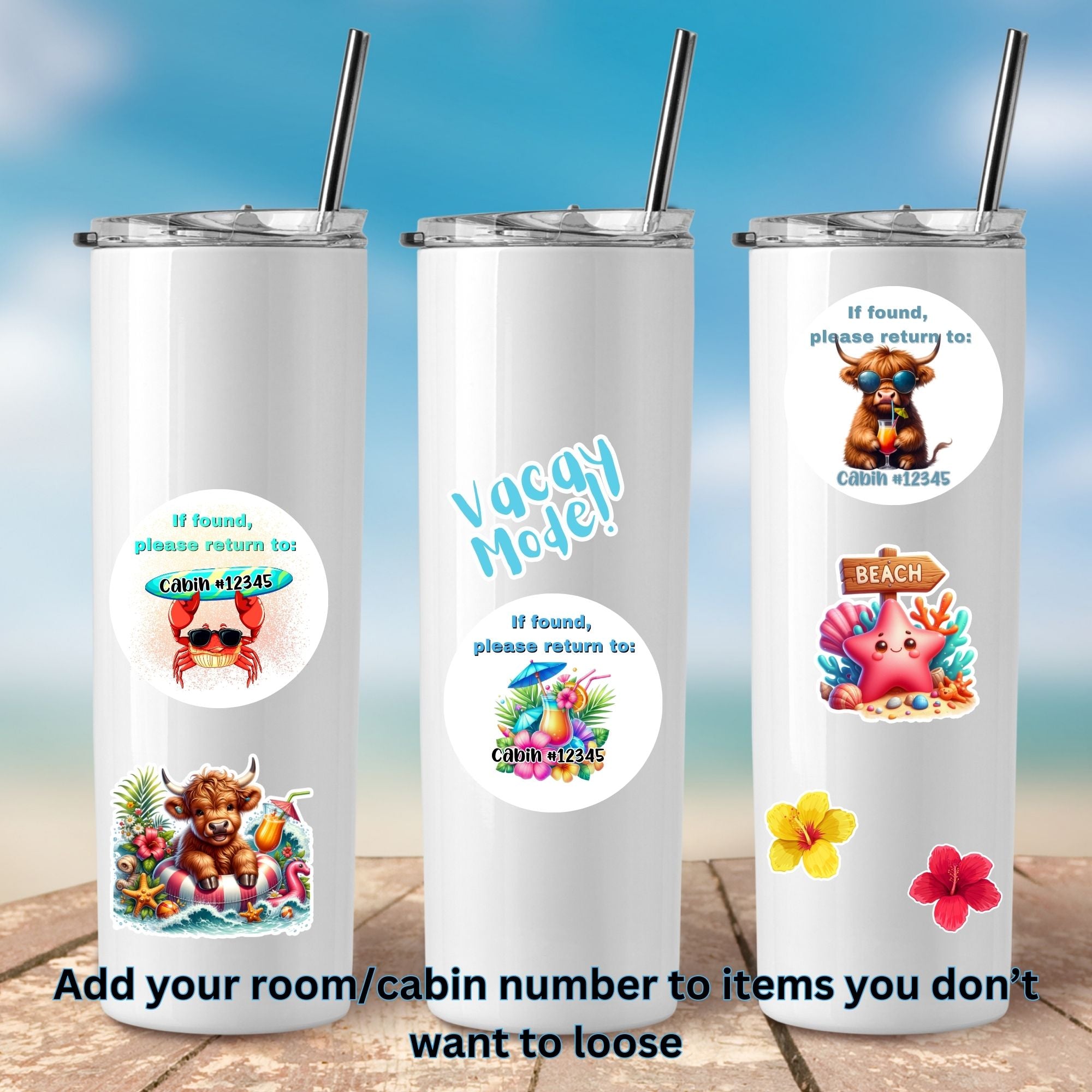 This image shows 3 insulated cups with examples of the water resistant stickers that are available as part of the No Bull Cruise Magnet Accessories.