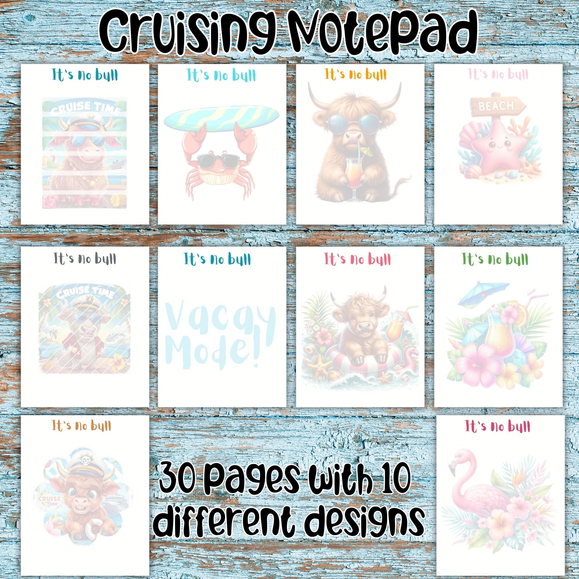 This image shows the 10 different designs in the cruising notepad that is available as part of the No Bull Cruise Magnet Accessories.