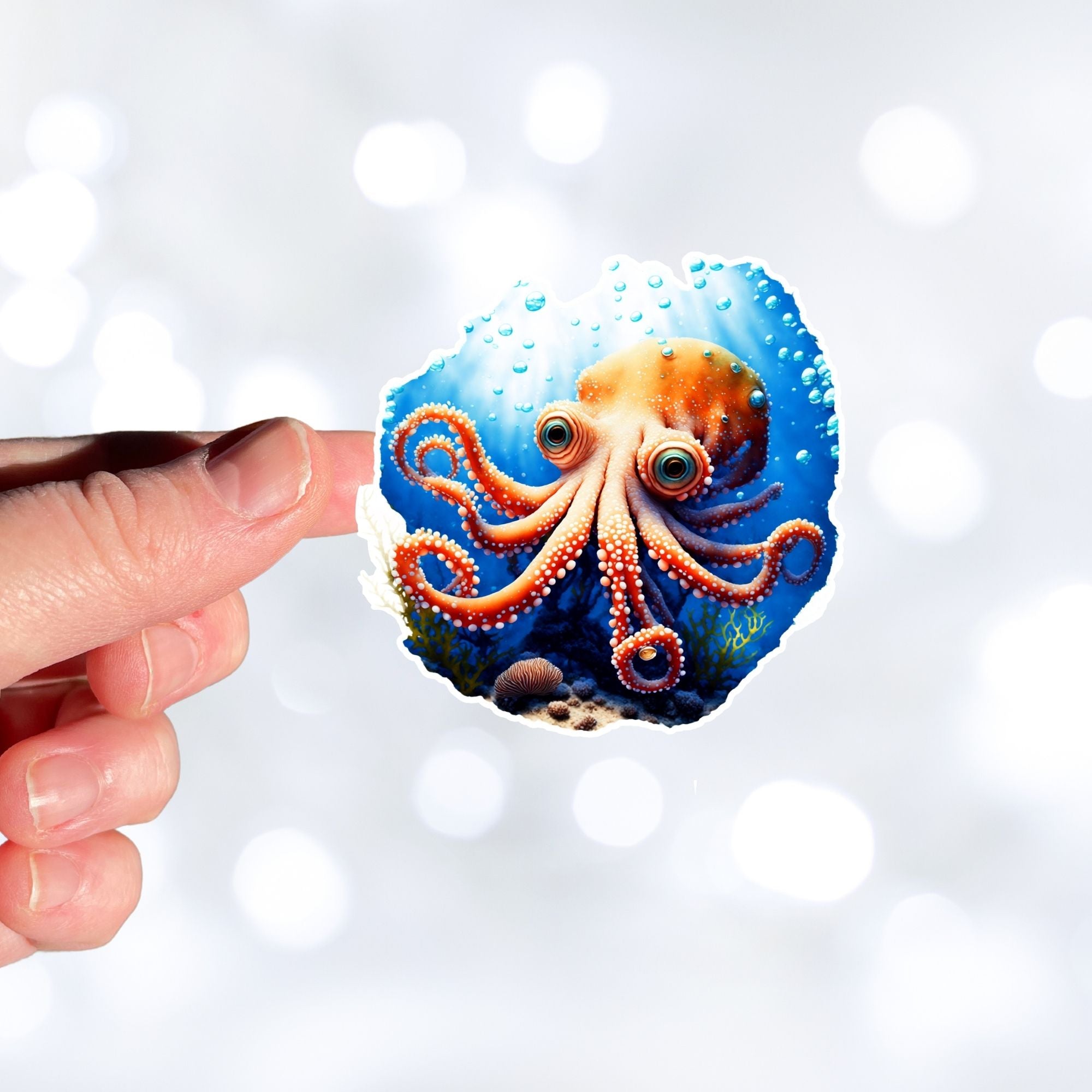 This image shows a hand holding the Big Eyed Octopus Die-Cut Sticker.