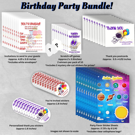 This cover image shows the stickers, scratch-off cards, invitations, postcards, and sticker sheets available in this bundle.