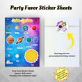 Load image into Gallery viewer, This image shows the solar system sticker sheet included as a party favor, the cellophane bag, and the personalized paper thank you sticker.
