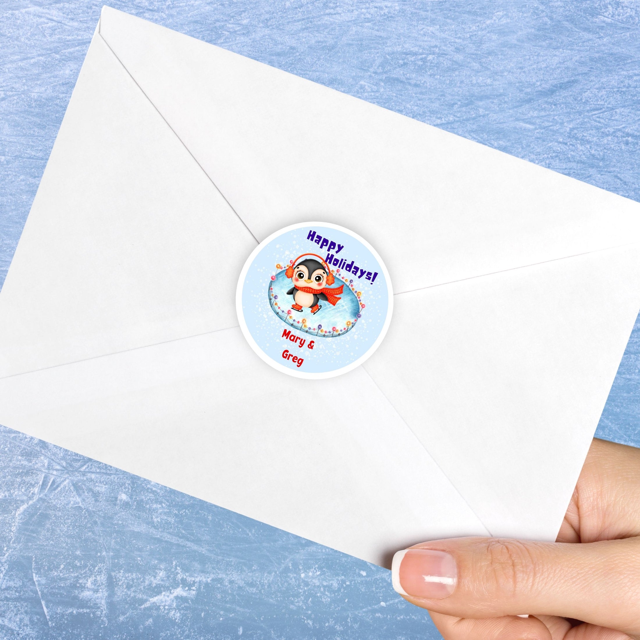This image shows the personalized holiday sticker on the back of an envelope.