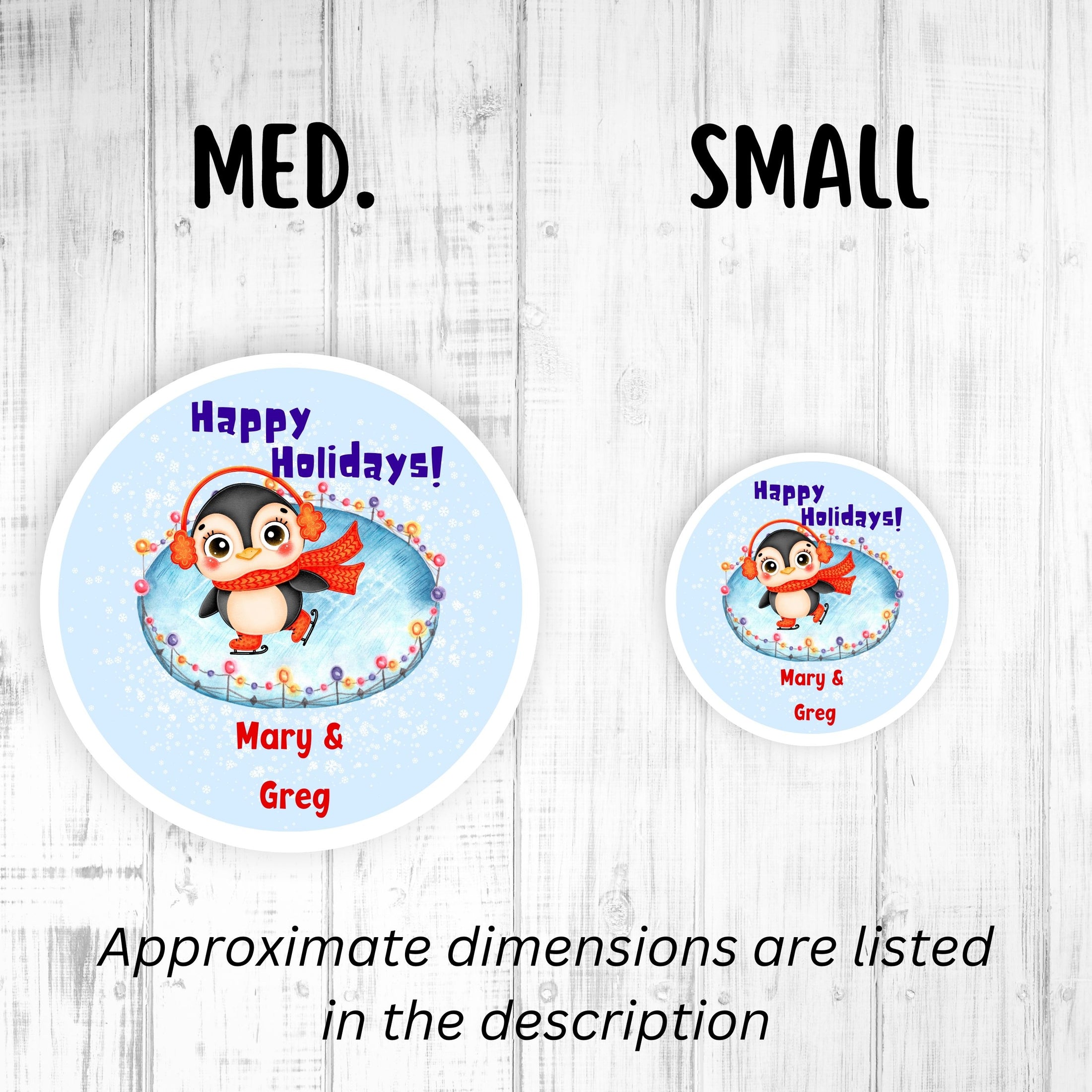 This image shows the medium and small holiday stickers side-by-side for a size comparison, and it says “Approximate dimensions are listed in the description.