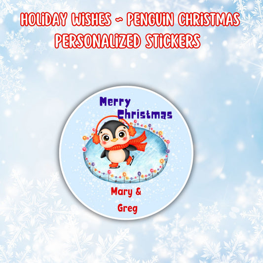 This image shows the Personalized Holiday Stickers - Penguin Christmas.