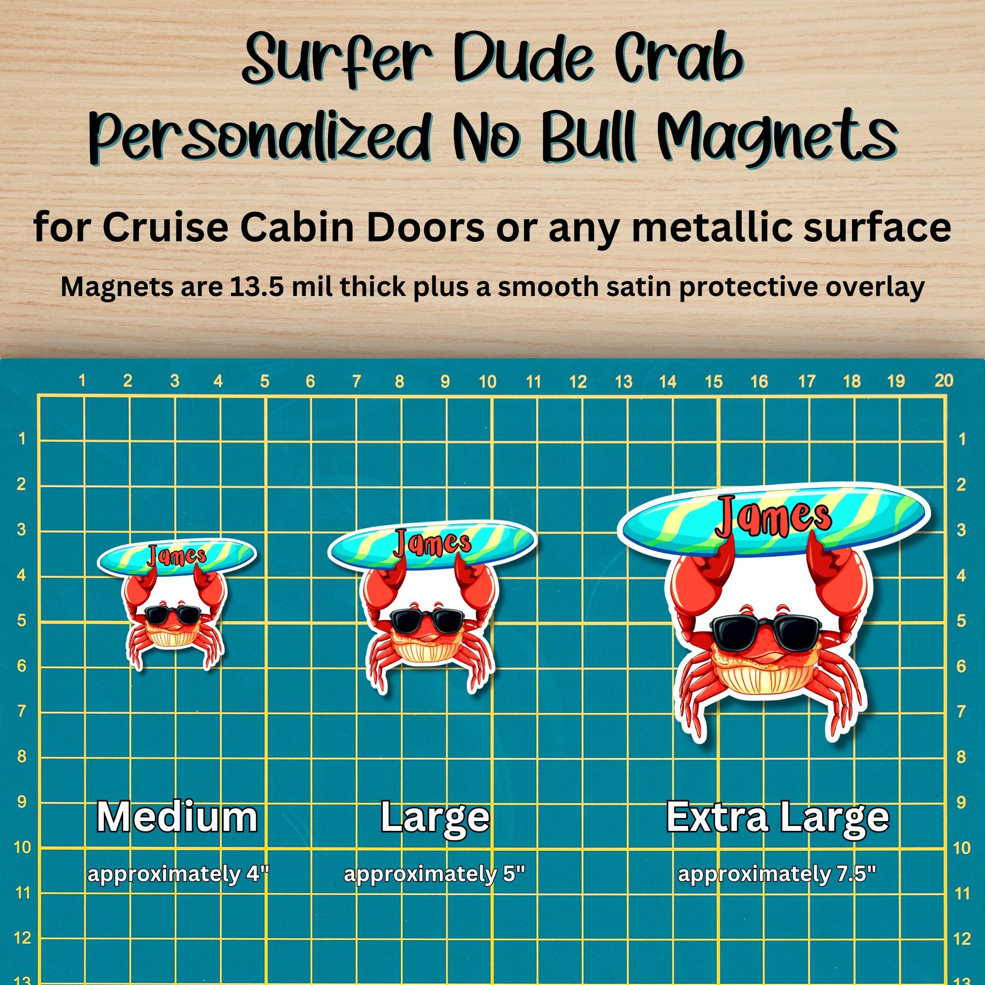 This image shows the 3 Surfer Dude Crab magnet sizes - medium approx. 4", large approx. 5", and extra large approx. 7.5".