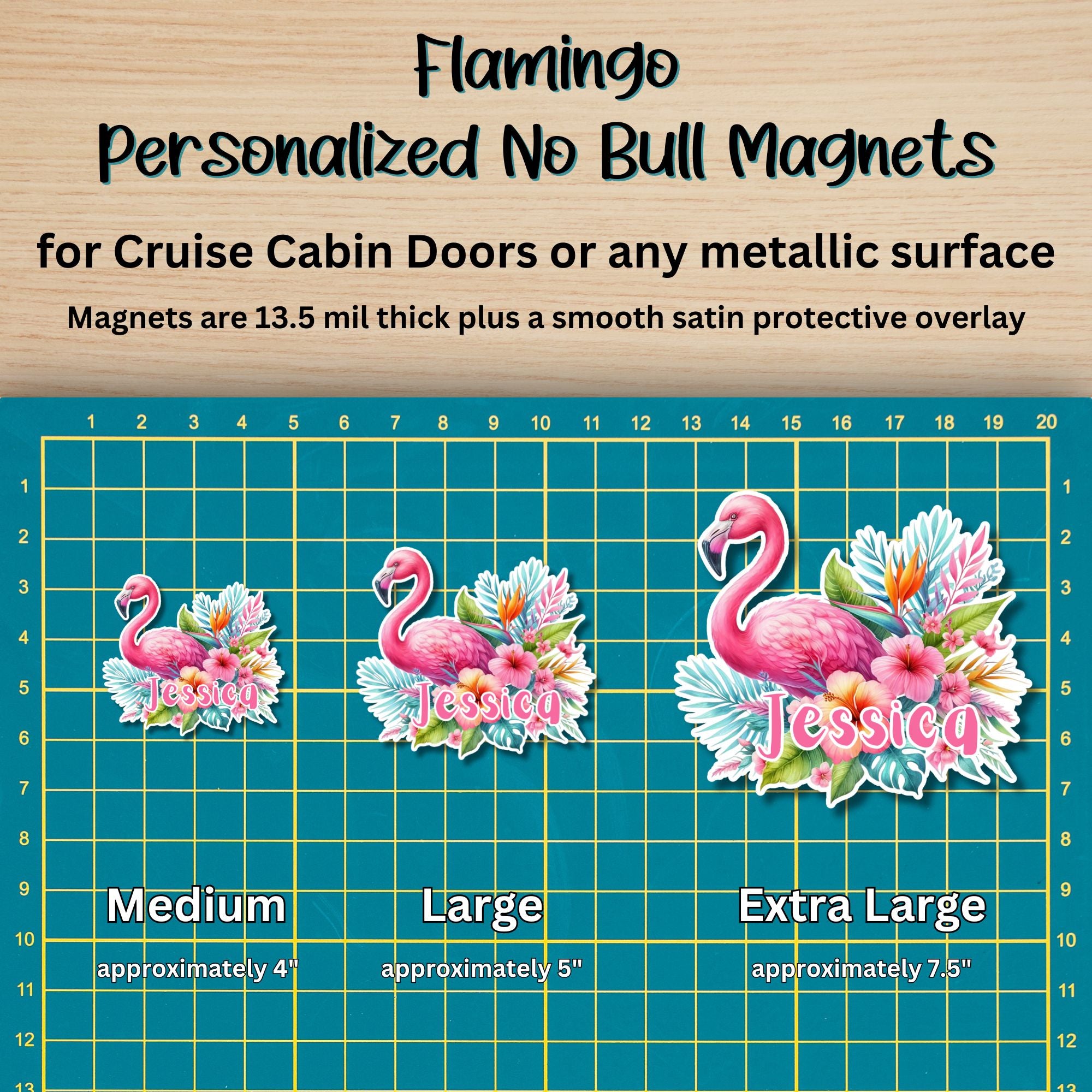 This image shows the 3 Flamingo magnet sizes - medium approx. 4", large approx. 5", and extra large approx. 7.5".