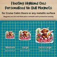 Load image into Gallery viewer, This image shows the 3 Floating Highland Cow magnet sizes - medium approx. 4", large approx. 5", and extra large approx. 7.5".
