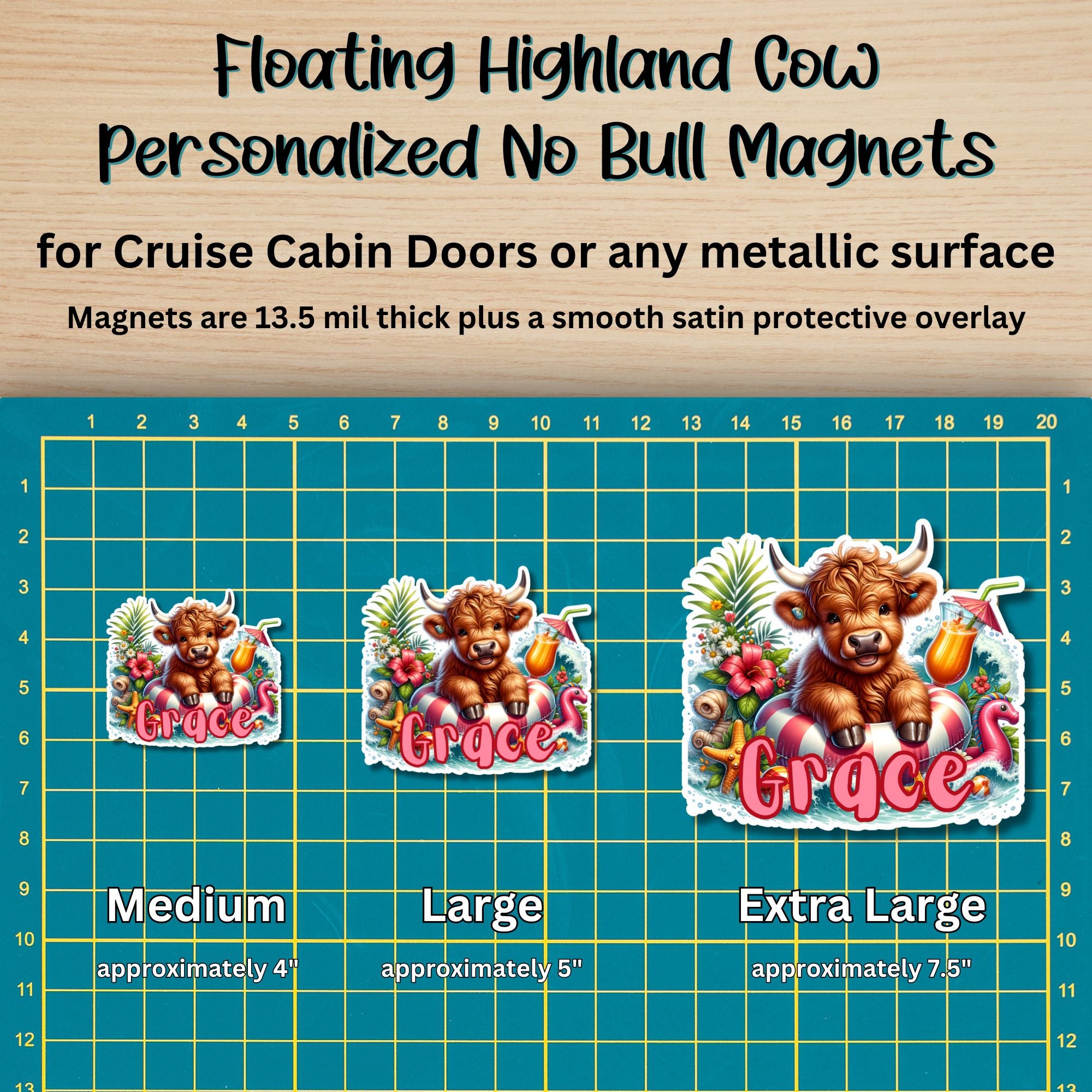 This image shows the 3 Floating Highland Cow magnet sizes - medium approx. 4", large approx. 5", and extra large approx. 7.5".