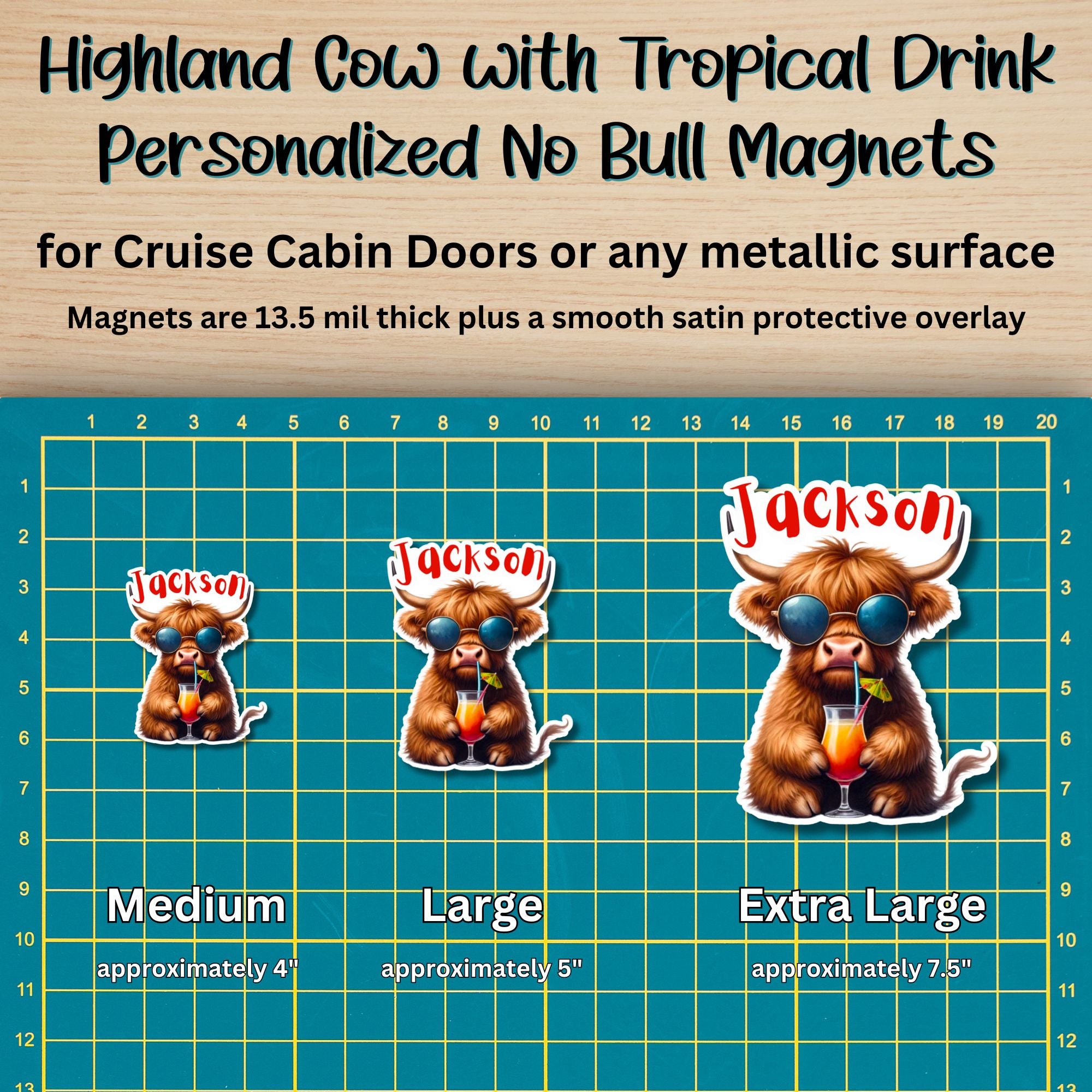 This image shows the 3 Highland Cow with Tropical Drink magnet sizes - medium approx. 4", large approx. 5", and extra large approx. 7.5".