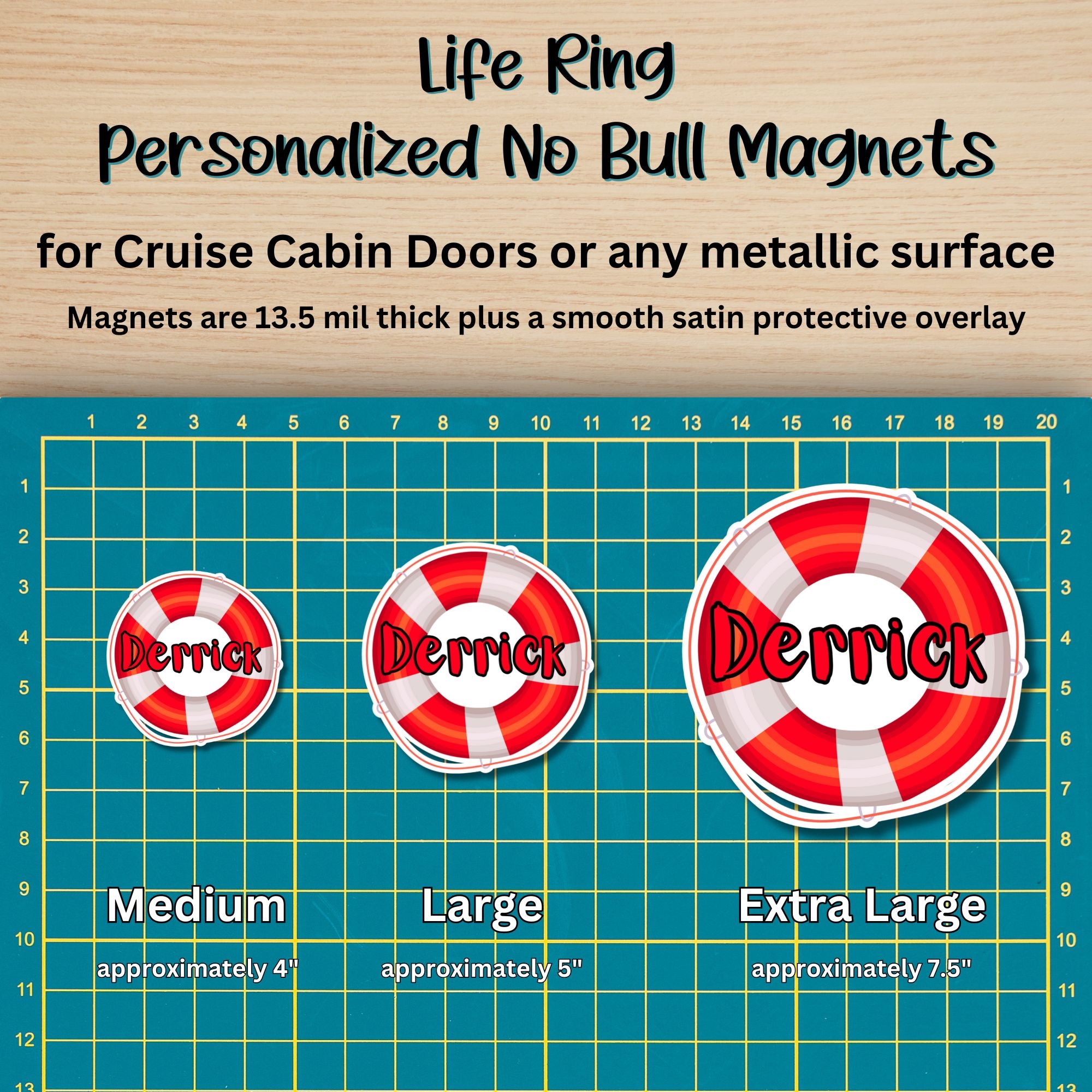 This image shows the 3 Life Ring magnet sizes - medium approx. 4", large approx. 5", and extra large approx. 7.5".