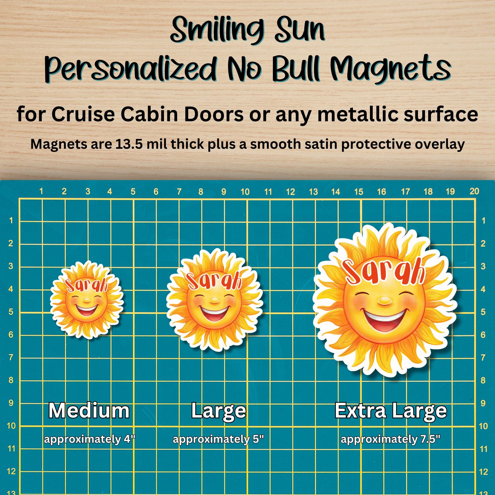 This image shows the 3 Smiling Sun magnet sizes - medium approx. 4", large approx. 5", and extra large approx. 7.5".