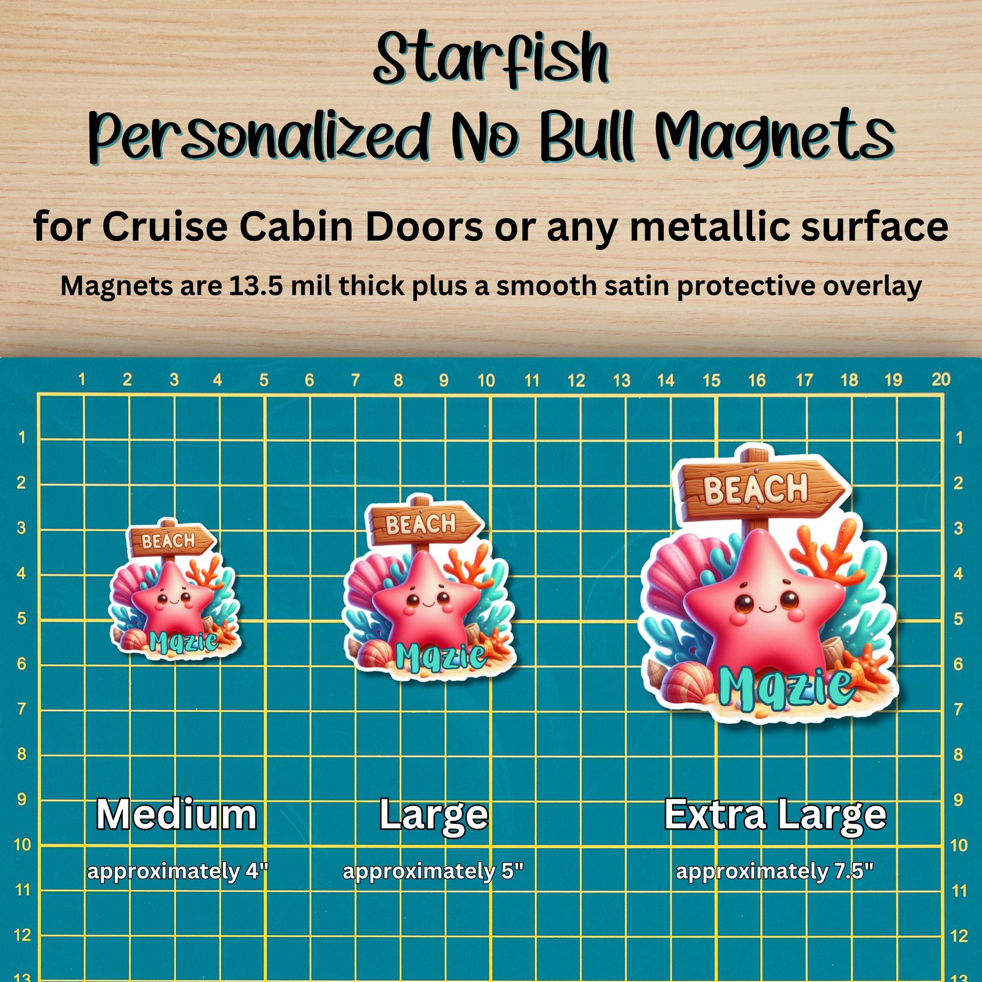 This image shows the 3 Starfish magnet sizes - medium approx. 4", large approx. 5", and extra large approx. 7.5".