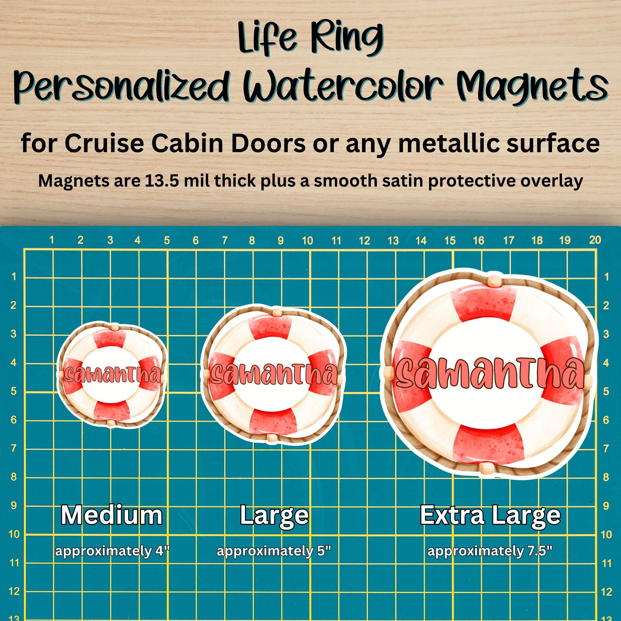 This image shows the Life Ring magnet  in 3 sizes - medium, large, and extra large.