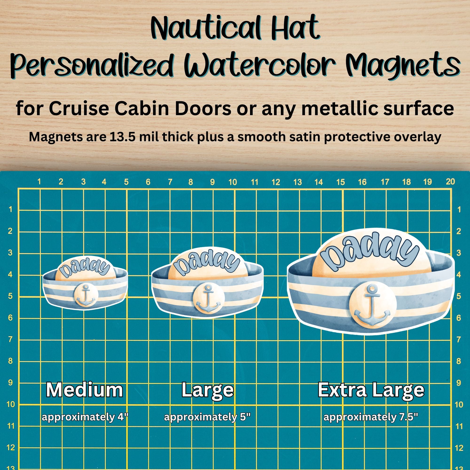 This image shows the Nautical Hat magnet in 3 sizes - medium, large, and extra large.