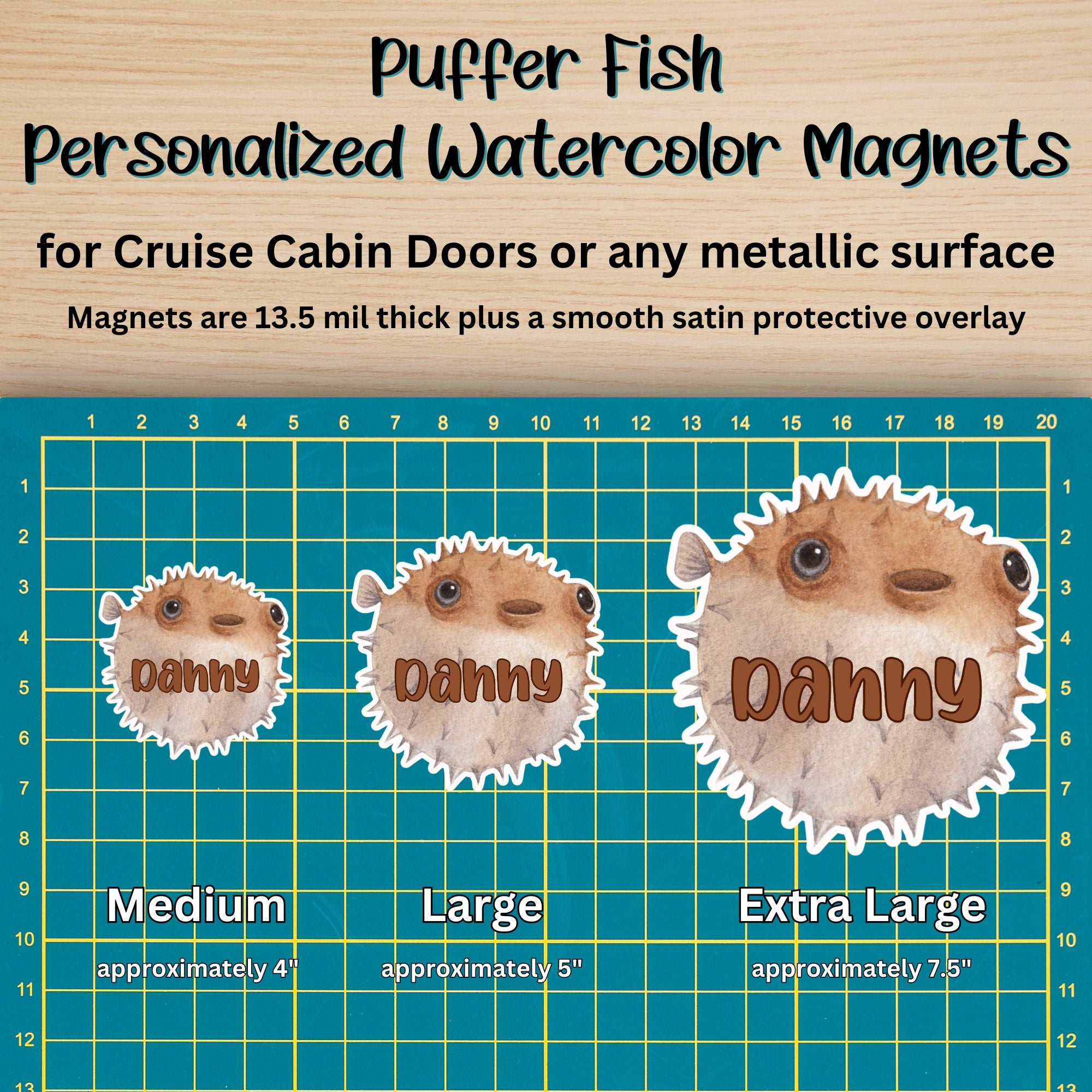 This image shows the Puffer Fish magnet in 3 sizes - medium, large, and extra large.