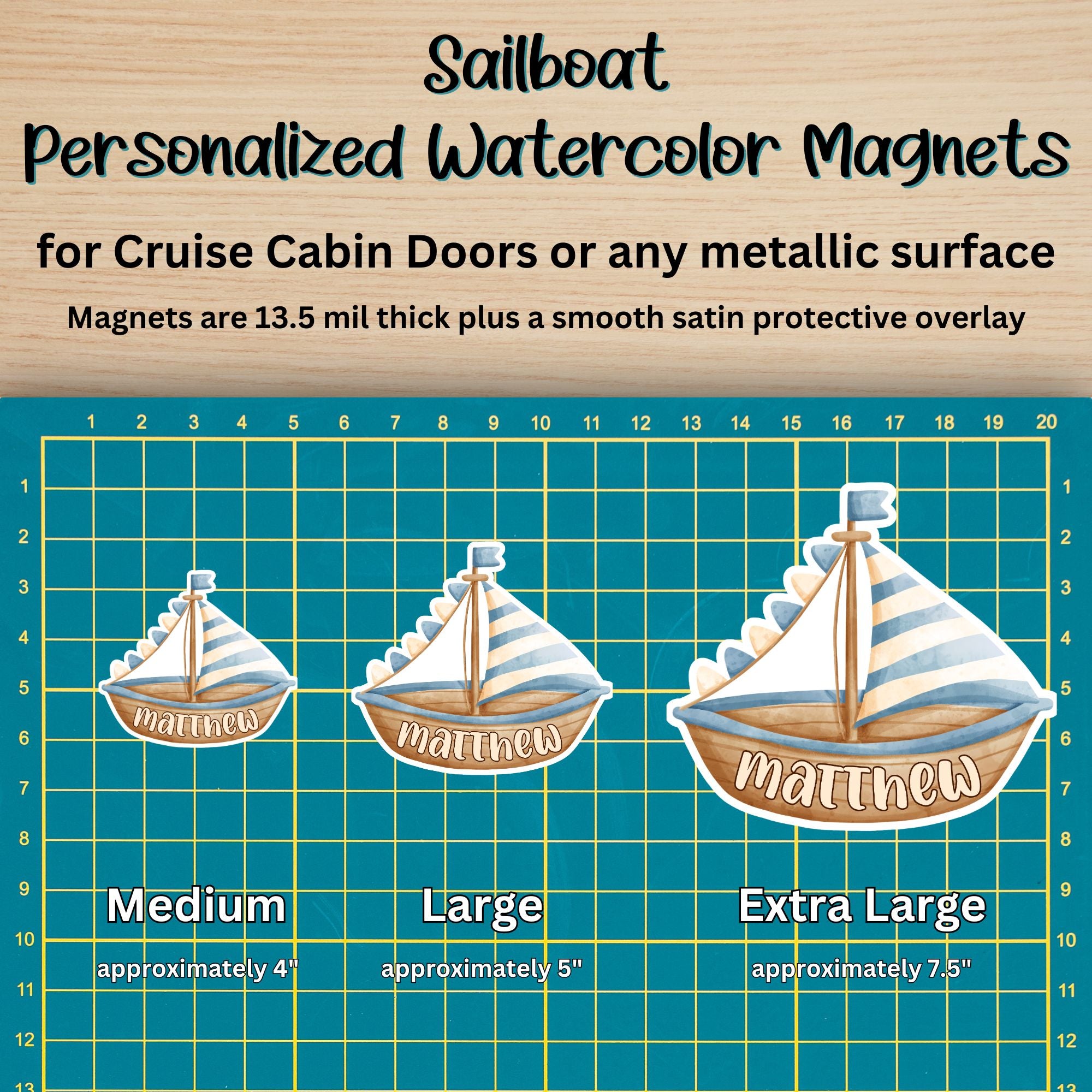 This image shows the Sailboat magnet  in 3 sizes - medium, large, and extra large.