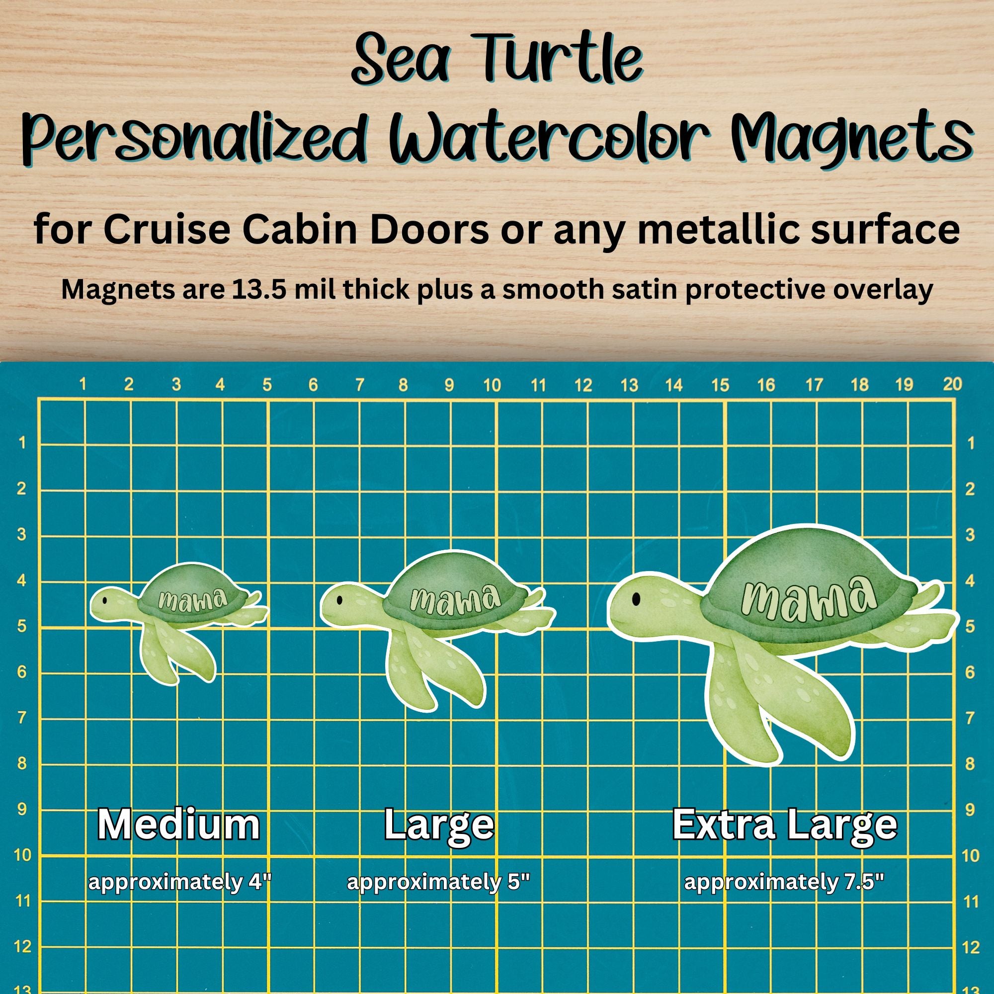 This image shows the Sea Turtle magnet in 3 sizes - medium, large, and extra large.