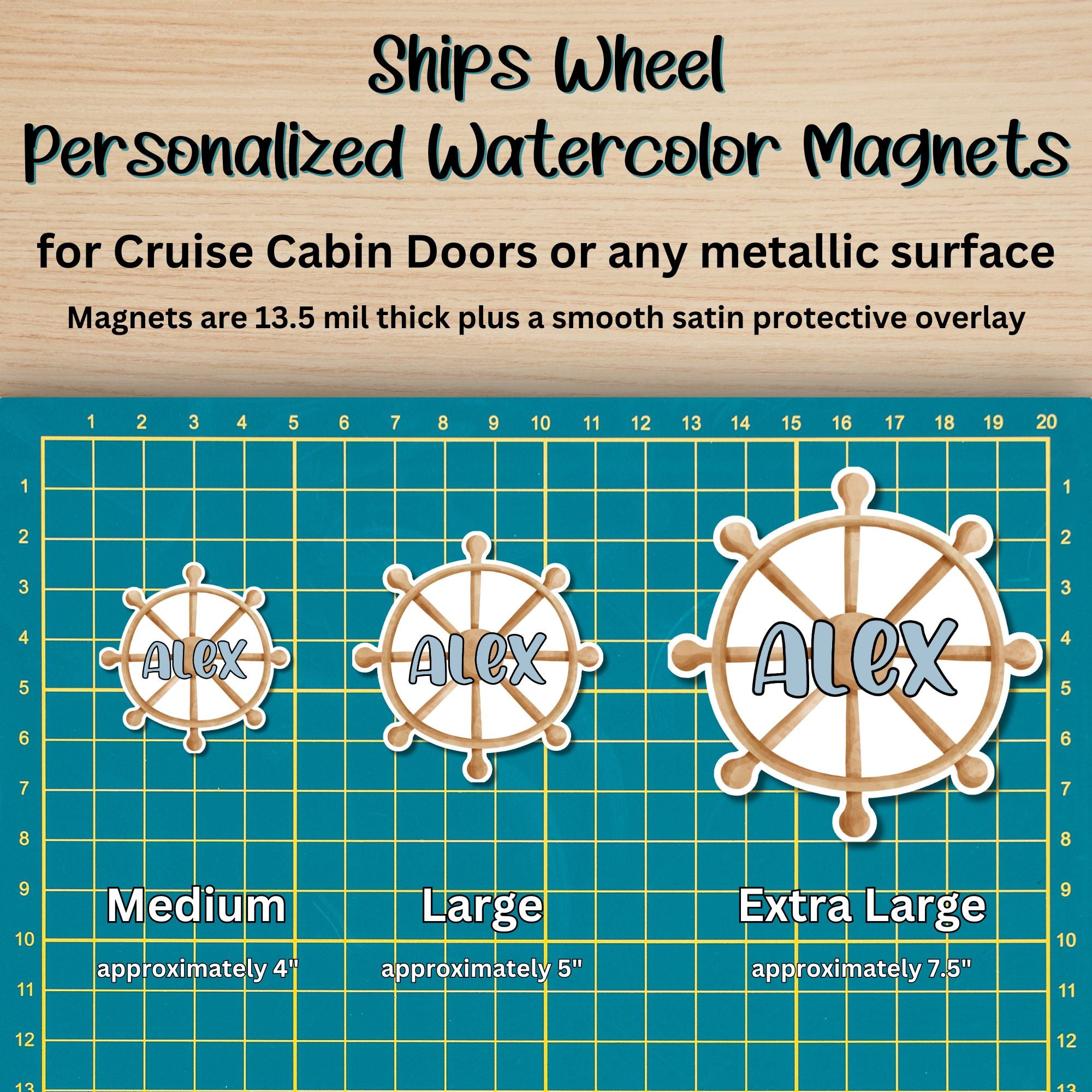 This image shows the Ships Wheel magnet in 3 sizes - medium, large, and extra large.