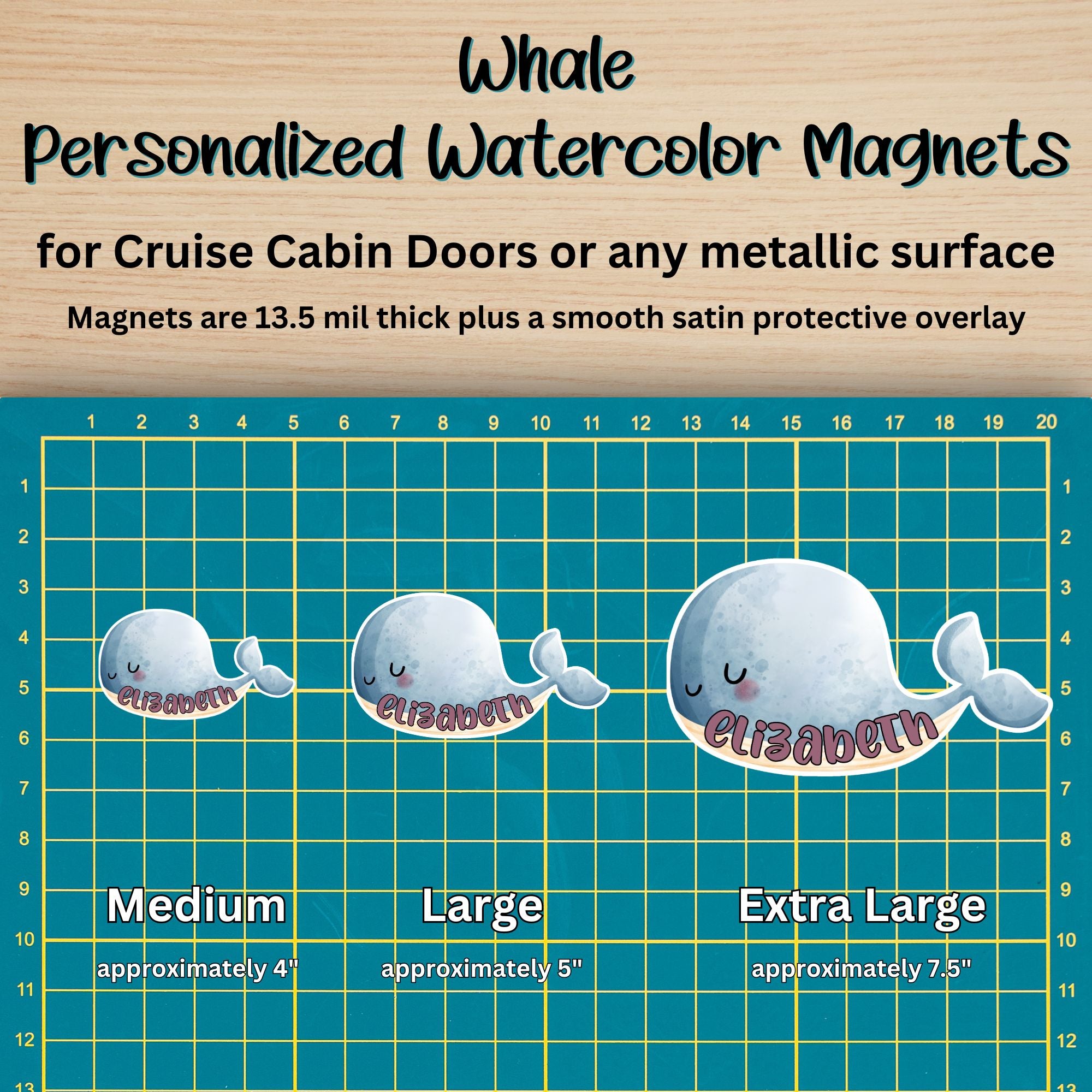 This image shows the Whale magnet in 3 sizes - medium, large, and extra large.