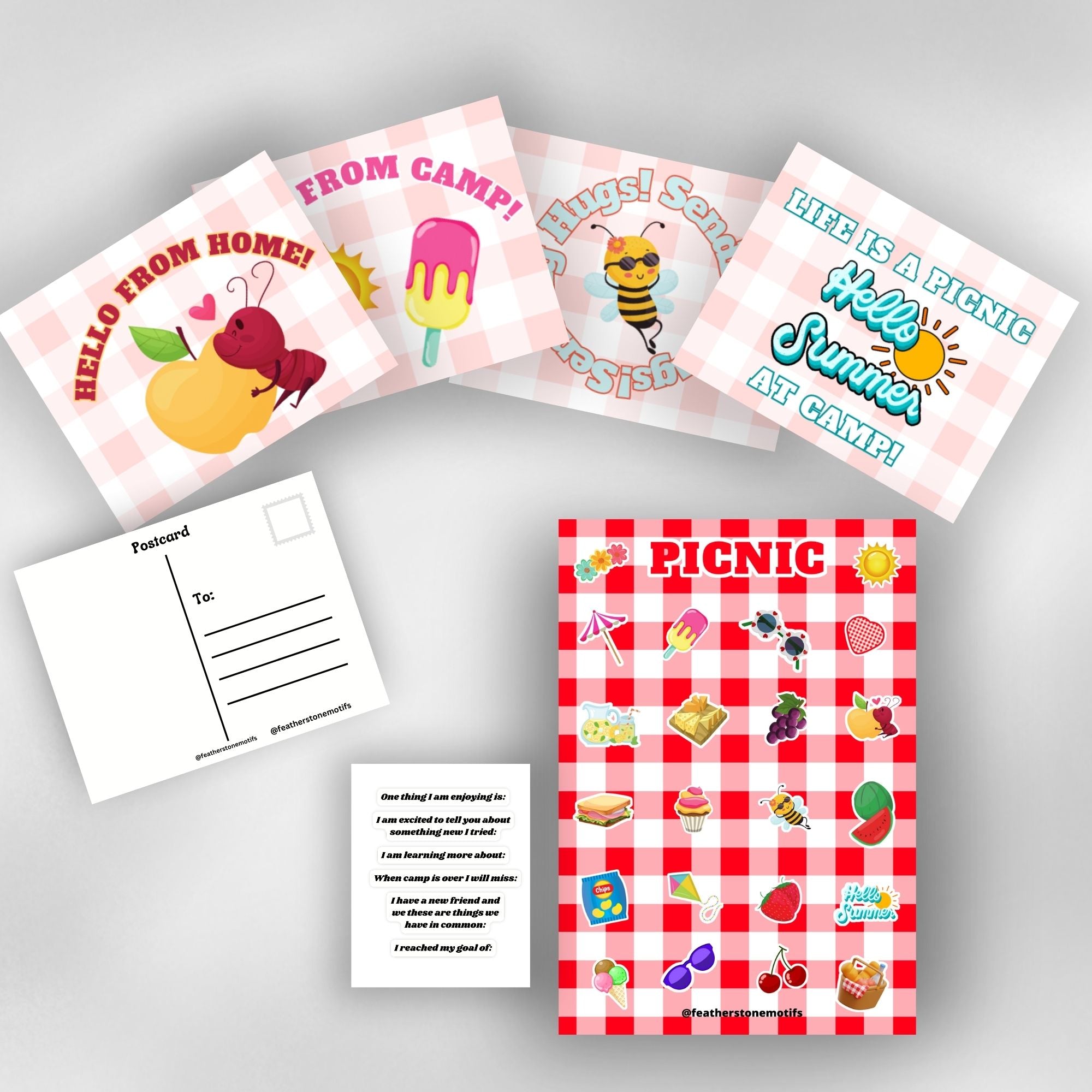 This image shows the full Picnic themed Camp Postcard Kit.