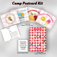 Load image into Gallery viewer, This image shows the Picnic themed Camp Postcard Kit with dimensions and descriptions for each item.
