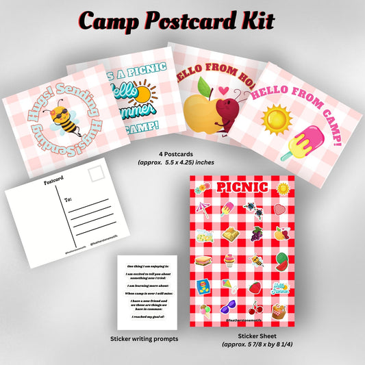 This image shows the Picnic themed Camp Postcard Kit with dimensions and descriptions for each item.