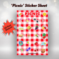 Load image into Gallery viewer, This image shows the Picnic Sticker Sheet with 23 vinyl stickers included in the Picnic themed Camp Postcard Kit.
