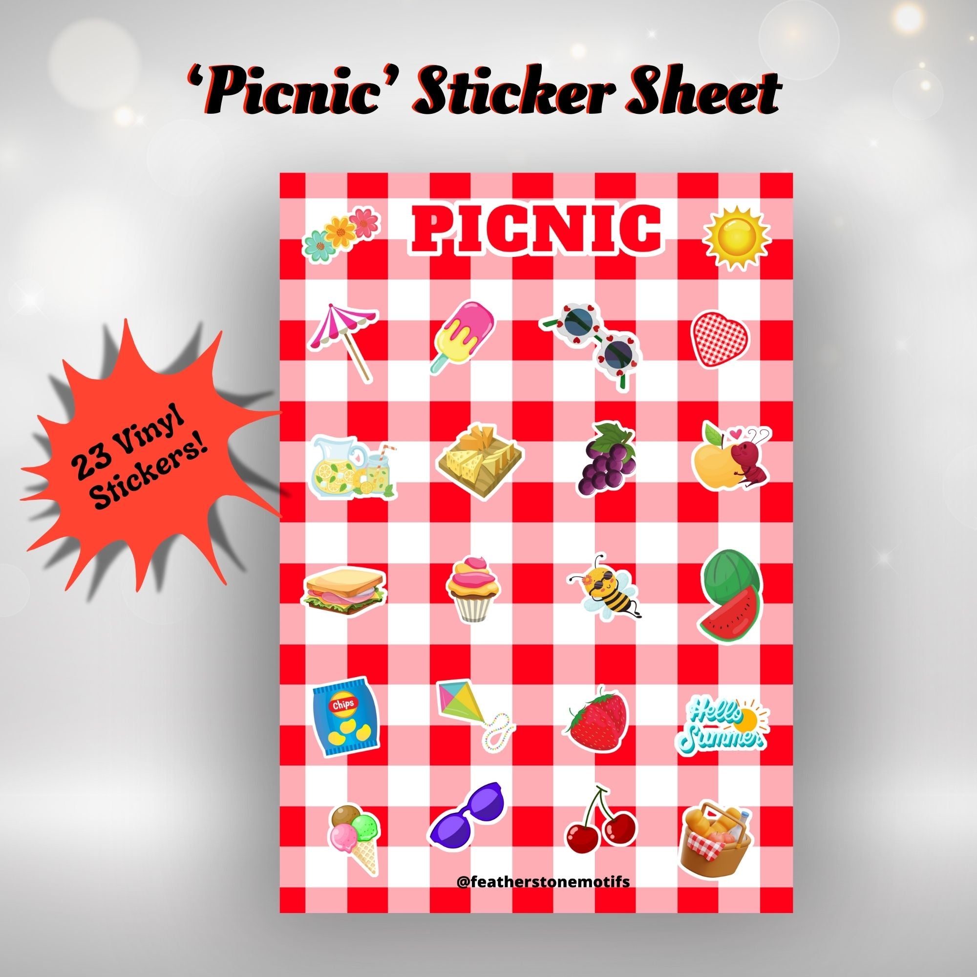 This image shows the Picnic Sticker Sheet with 23 vinyl stickers included in the Picnic themed Camp Postcard Kit.