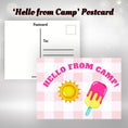 Load image into Gallery viewer, This image shows the Hello from Camp! postcard with the sun and an ice cream bar.
